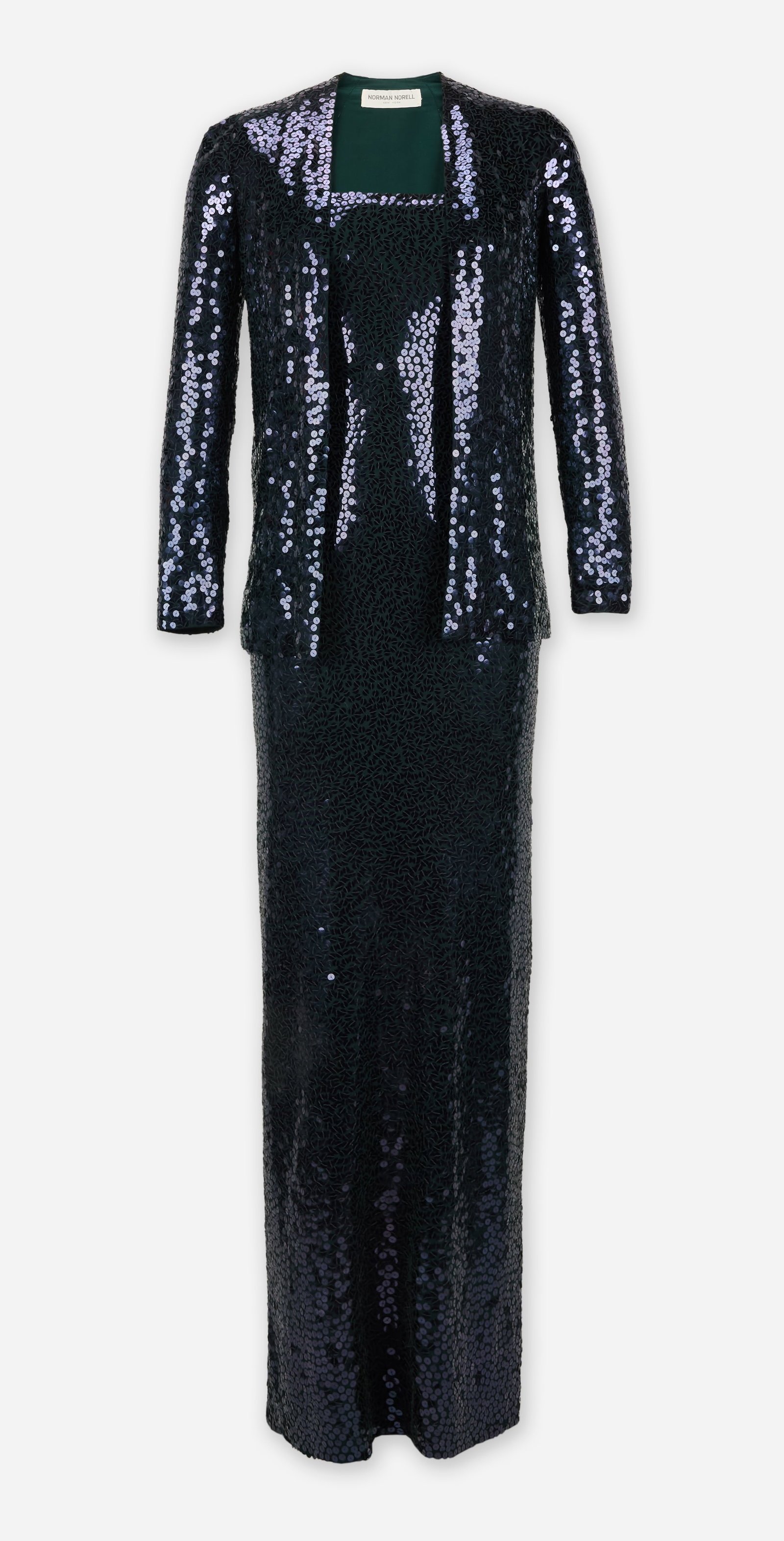 Norman Norell | 1960s Sequin Dress Ensemble: Norman Norell 1960's sequin dress and cardigan ensemble from the collection of Cameron Silver. The green ensemble is fully embellished with densely arranged black sequin. The full-length evening gown