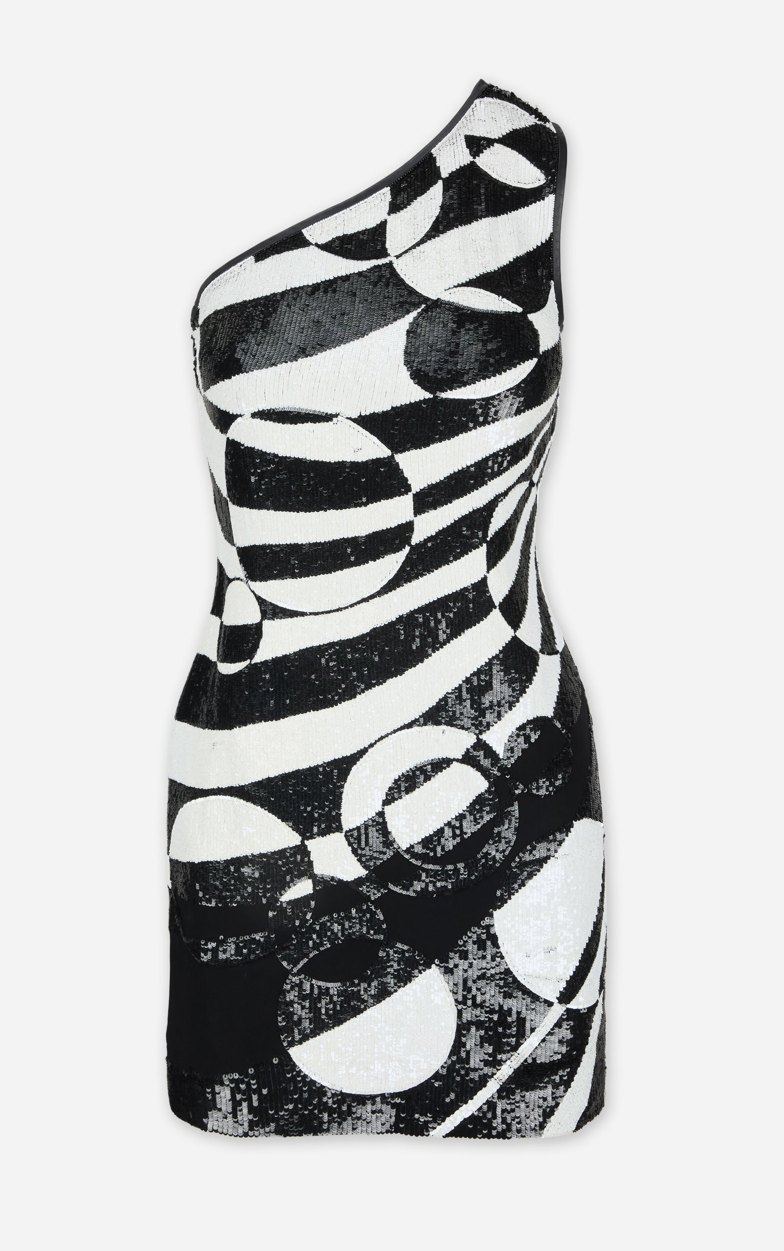 Emilo Pucci | 2015 Fall Sequin One Shoulder Mini Dress: Emilo Pucci black and white one shoulder mini dress fully embellished with black and white sequin in abstract geometric swirl pattern. This sequin print was featured in the Fall 2015 Ready to Wear col