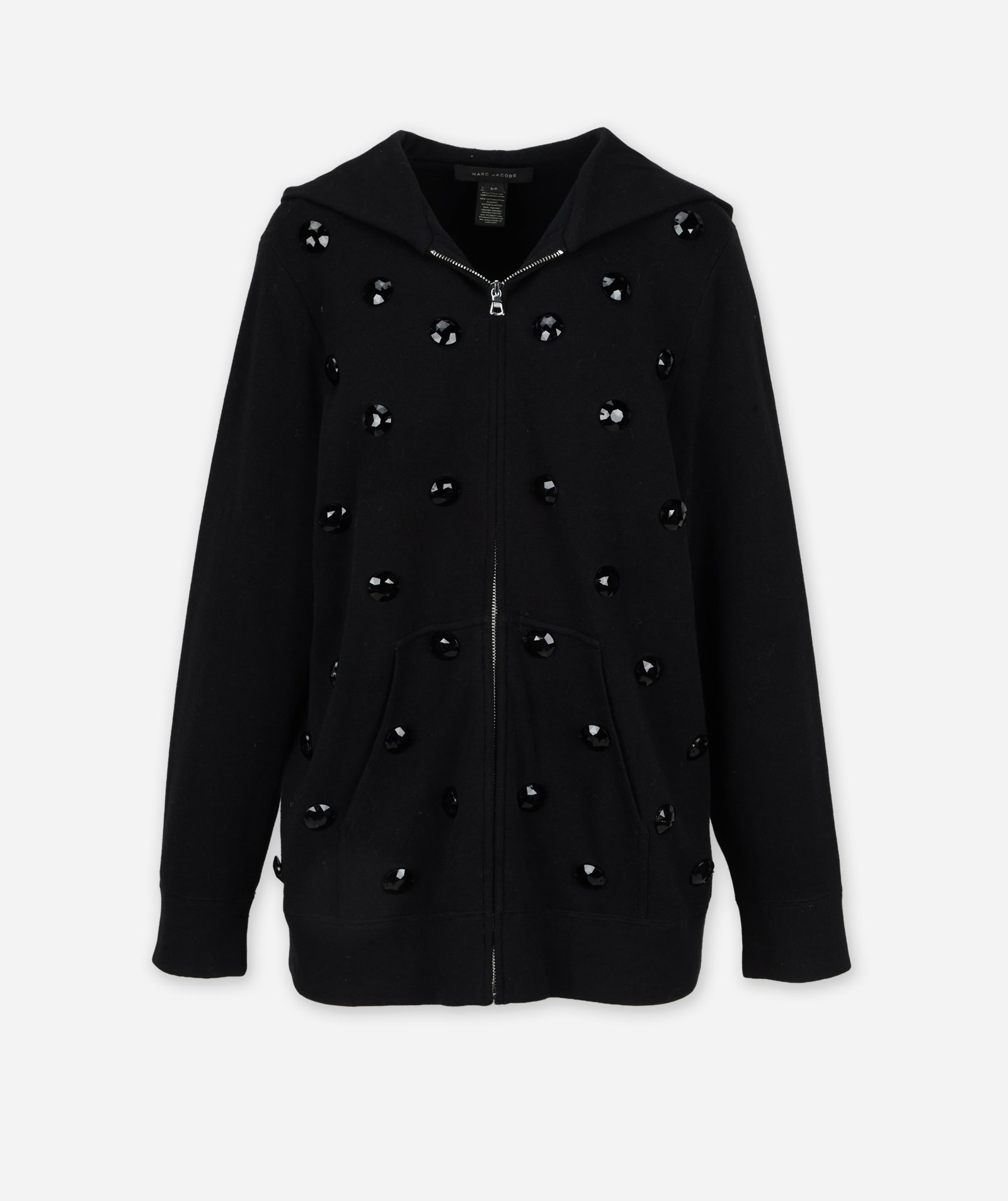 Marc Jacobs | Jewel Embellished Zip-Up Hoodie: Marc Jacobs full-zip hoodie sweatshirt with jeweled embellishments. The hoodie is composed of 40% cotton, 12% nylon, 39% viscose, and 9% wool. It features a knit crew neckline with an attached hood
