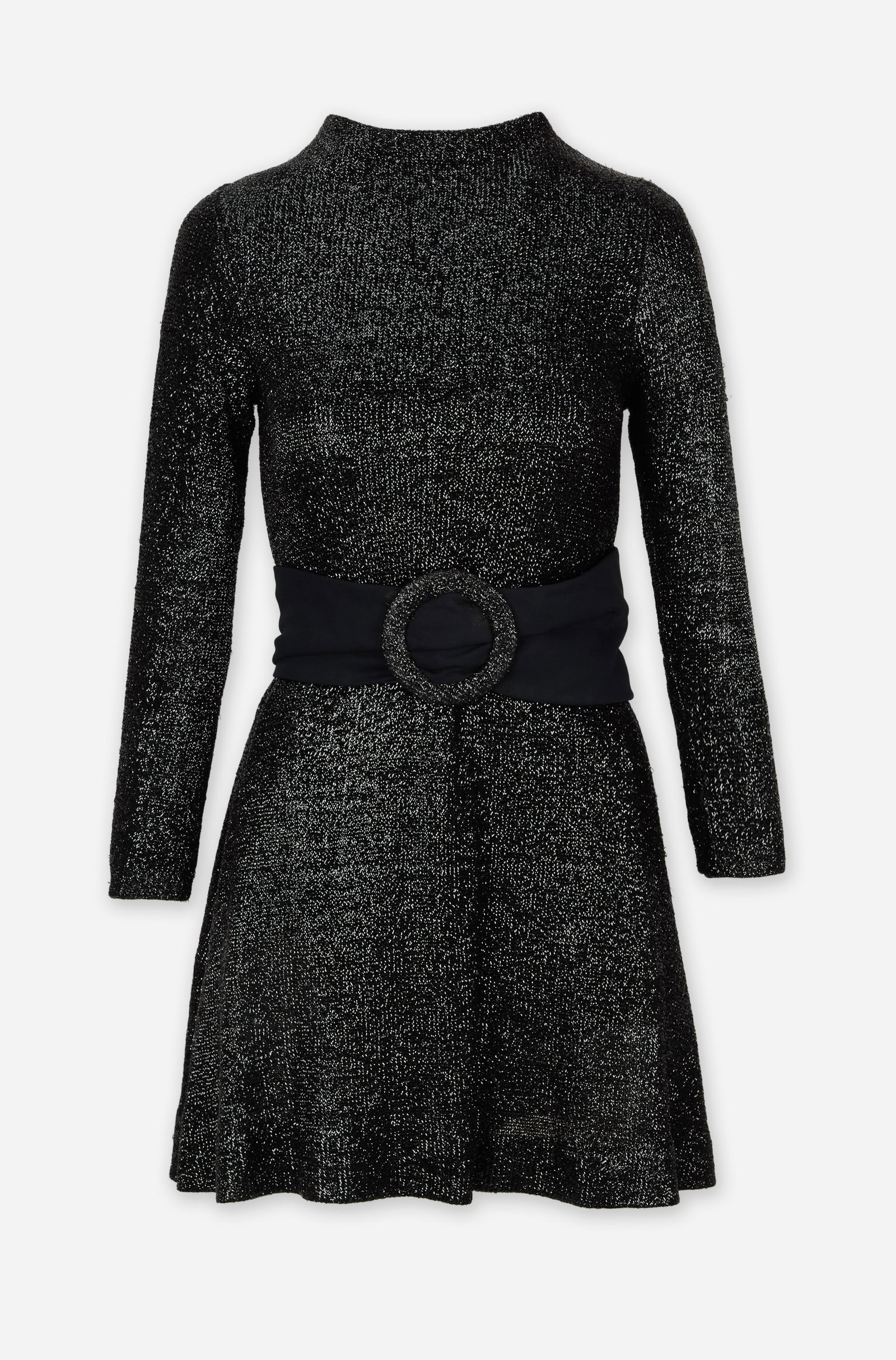 Marion Kops | 1960s Lurex Cocktail Dress: Marion Kops 1960s lurex knit cocktail dress from the collection of Cameron Silver. The black metallic mini dress features a mock neckline, long sleeves, and a black belt with a circular buckle. The in