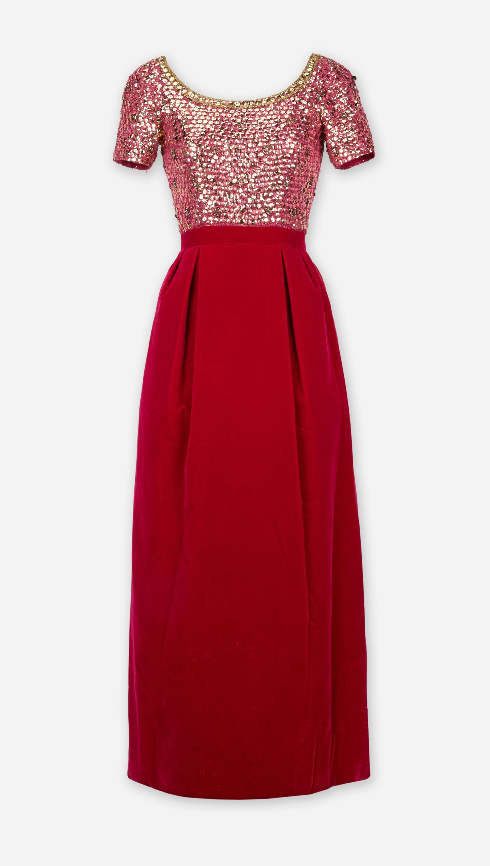 Jean Louis | 1960s Floor Length Gown: Jean Louis 1960s floor-length red evening gown from the collection of Cameron Silver. The dress features a fitted silhouette with a bateau neckline trimmed in gold-tone thread and short sleeves. The