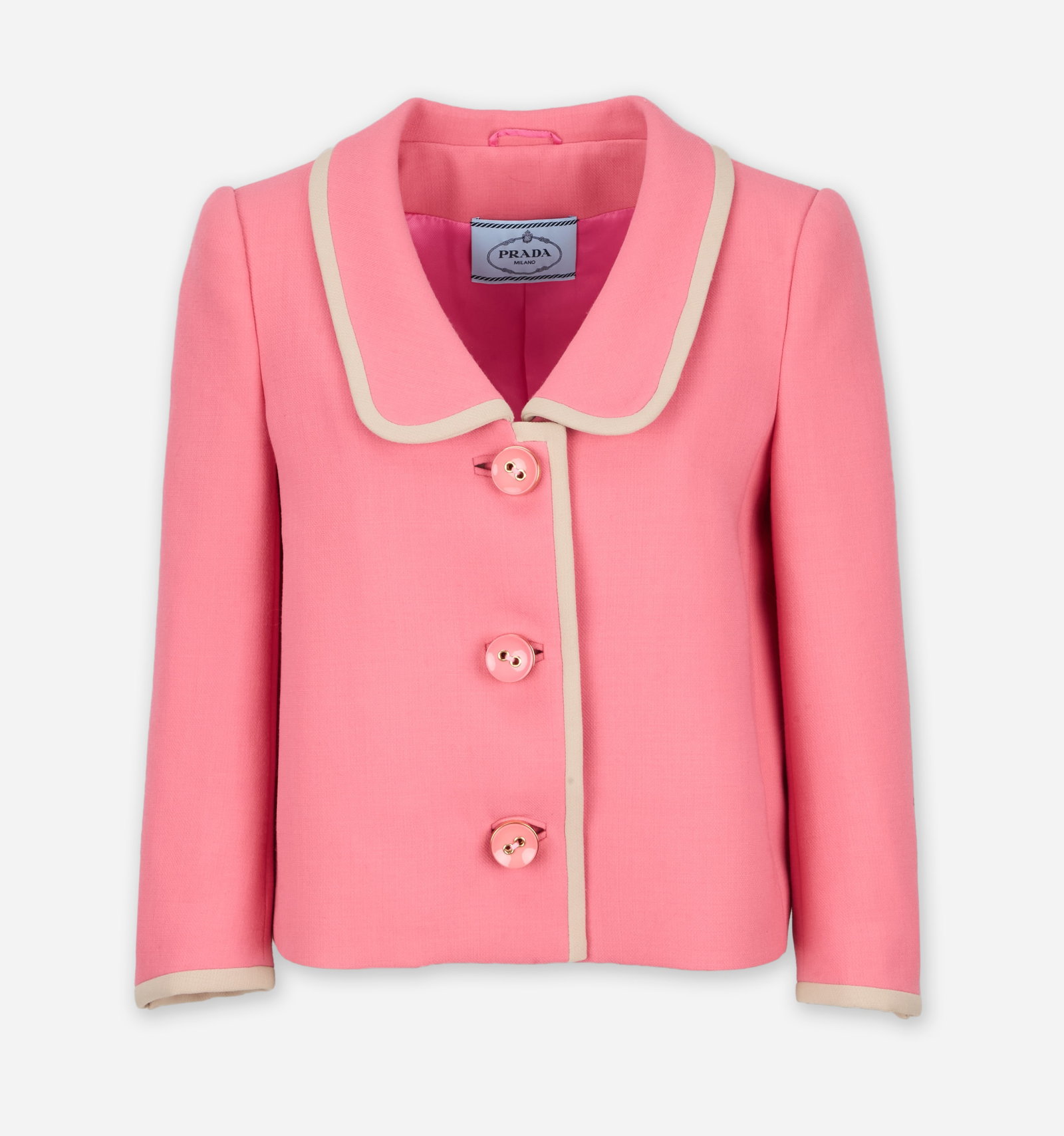 Prada | 2011 Pink Button-Up Jacket: Prada Pink Button-Up Jacket, circa 2011. This style jacket was worn by Marcia Cross in her role as Bree Van de Kamp on the TV series Desperate Housewives. It appears in Season 8, Episode 20, "Lost My