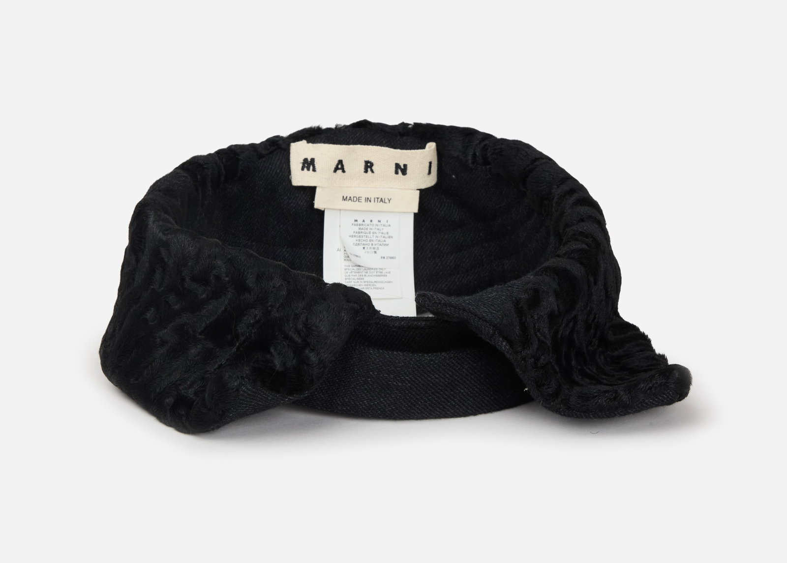 Marni | Persian Lamb Fur Collar: Marni black fur collar from the collection of Cameron Silver. The collar is composed of 70% Persian lamb fur and 30% lana wool. It features a wide silhouette that drapes over the shoulders and