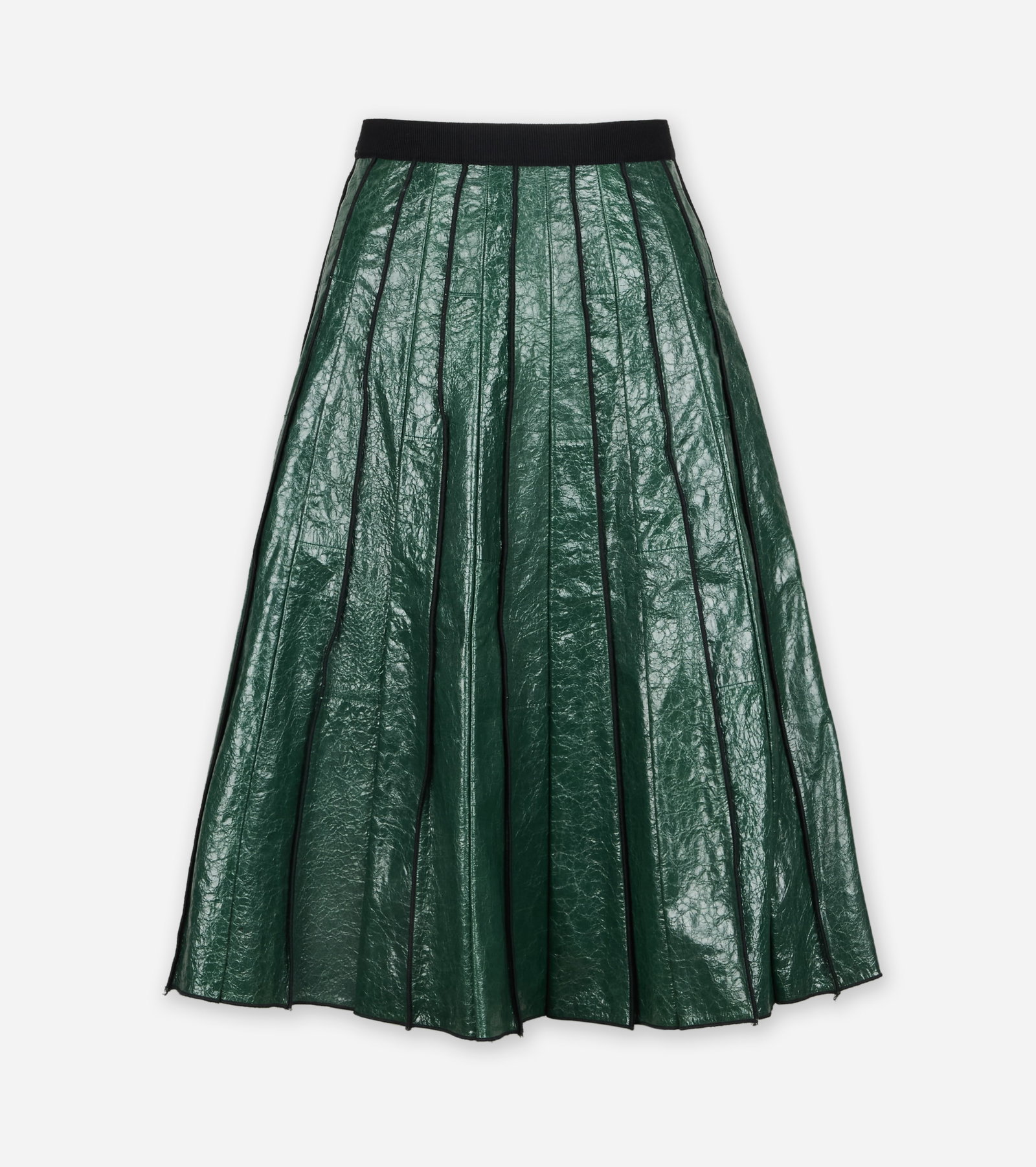 Marc Jacobs | Green Leather Skirt: Marc Jacobs dark green midi skirt. The A-line skirt is composed of 100% lambskin and features a crinkled coated finish with vertical black piping that creates a paneled effect. It is designed with a
