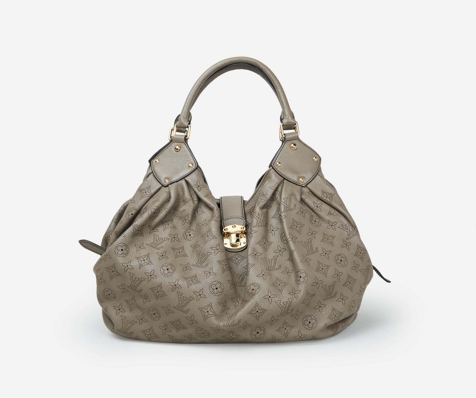 Louis Vuitton | Mahina Leather Monogram XL Handbag: Louis Vuitton Mahina leather monogram XL handbag. The bag is crafted from grey monogram leather with the iconic allover perforated Louis Vuitton monogram pattern. It features rolled grey leather top