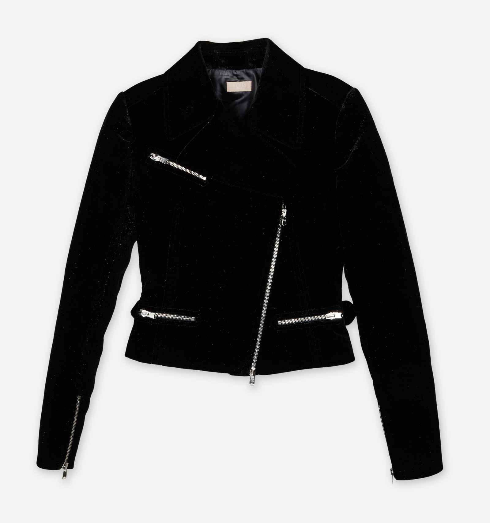 Alaia | 2012 Black Velvet Biker-Style Jacket: An Alaia black velvet accented with silver glitter biker-style jacket and silver-tone hardware likely from Alaia's 2012 collection. Alaia is quoted saying "I wanted to do sculpture when I was at the