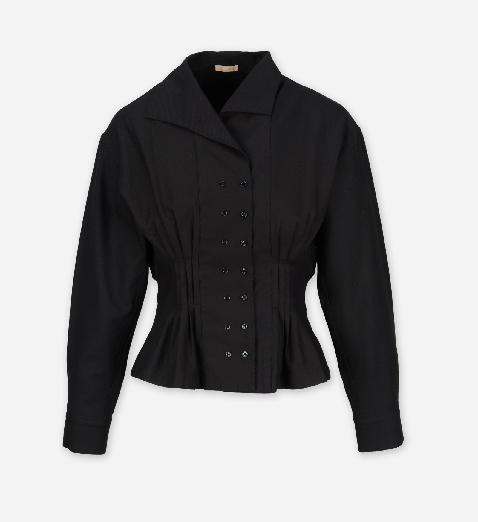 Alaïa | Black Blouse: Alaïa black corset style blouse. The blouse is composed of 100% cotton and features a pointed notched collar with an asymmetrical concealed double button-front closure. It is designed with vertic