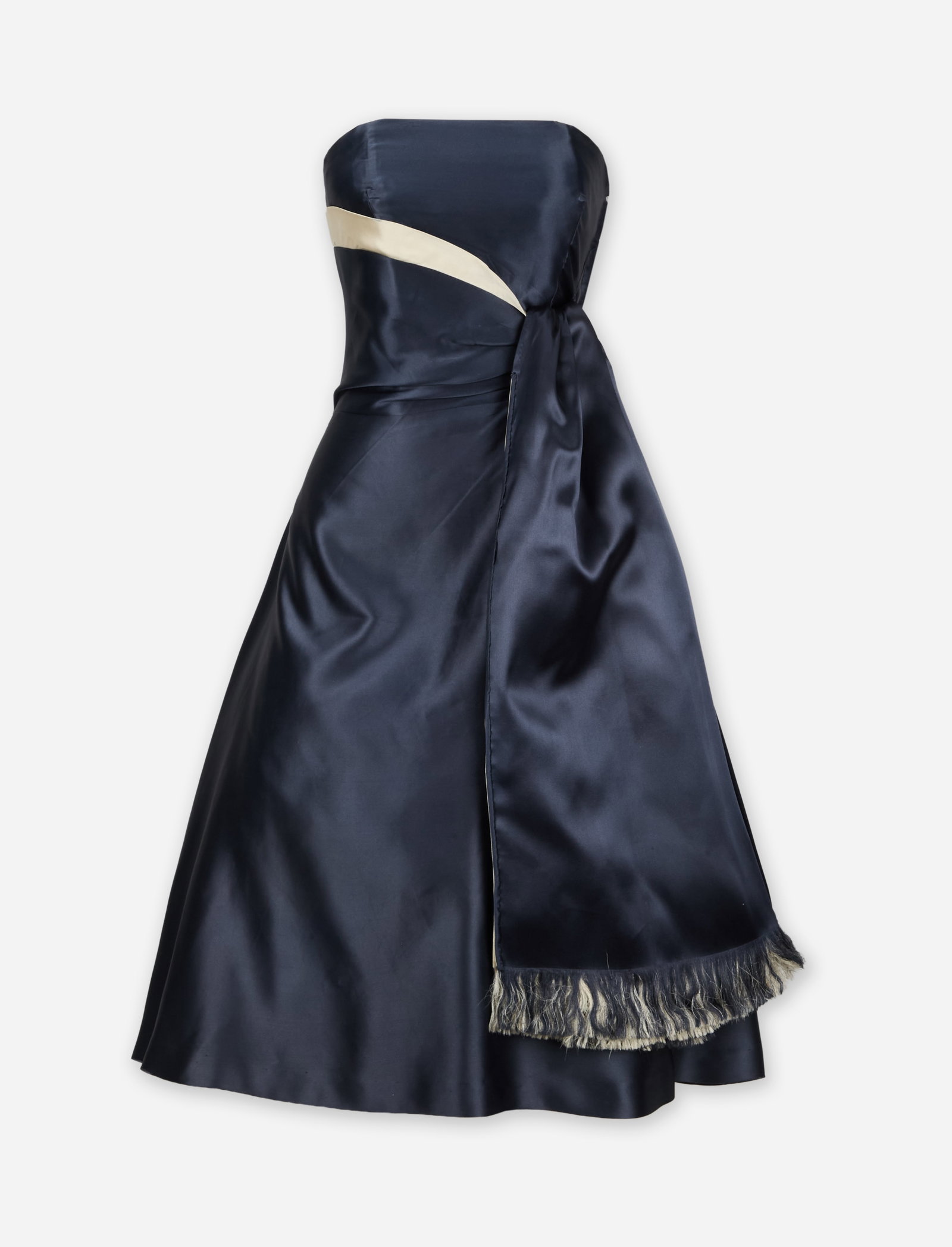 Lanvin | Haute Couture Satin Cocktail Dress: Lanvin 1950s navy satin cocktail dress from the collection of the collection of Cameron Silver.The dress features a fitted bodice and an A-line, tea-length skirt. The bodice is detailed with an asymme