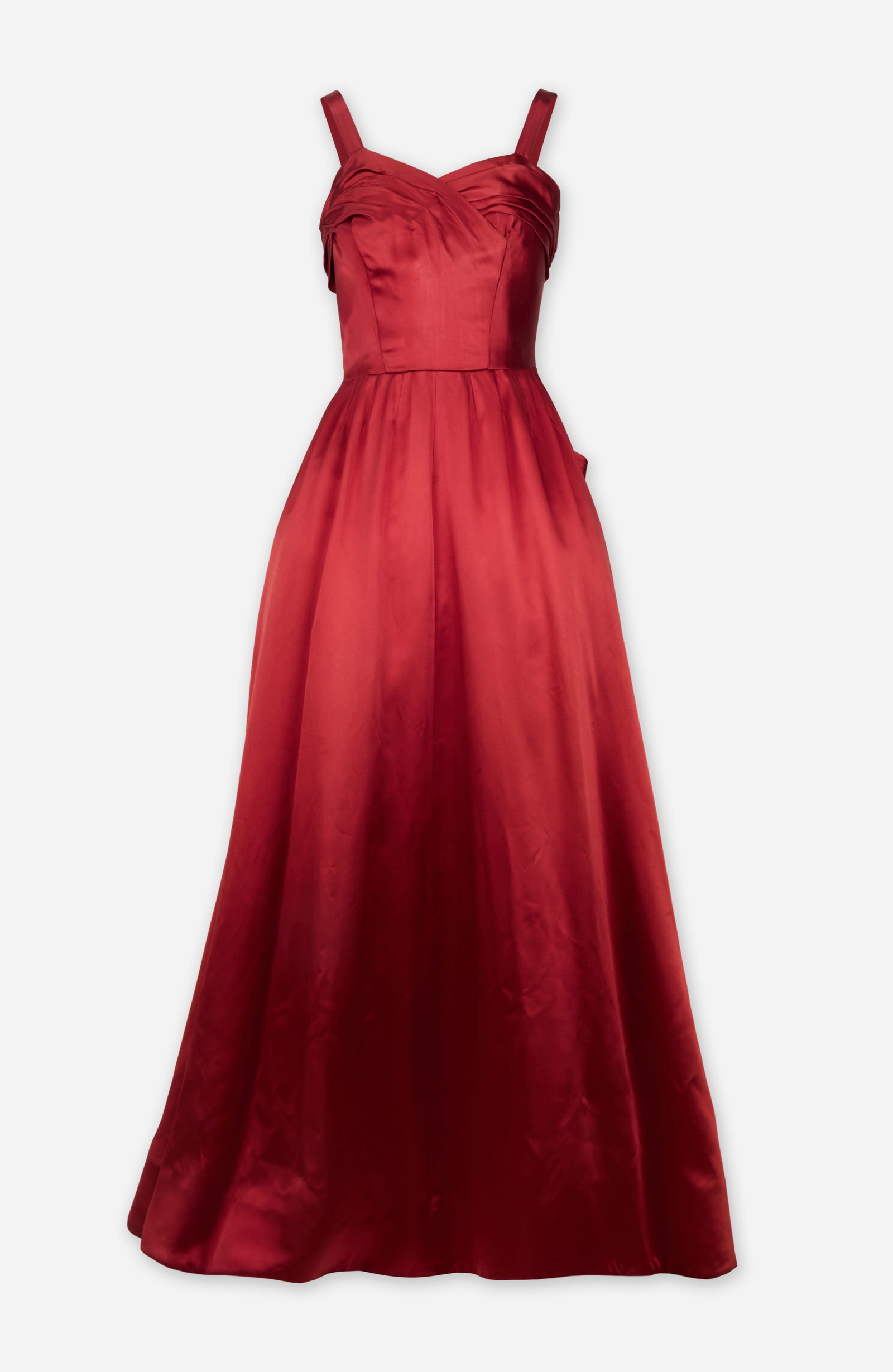 Jaques Fath | 1950s Evening Gown: A haute couture red silk satin floor-length evening gown designed by Parisian designer Jacques Fath from the 1950s. From the collection of Cameron Silver. The ruby red design features a sweet-heart ne