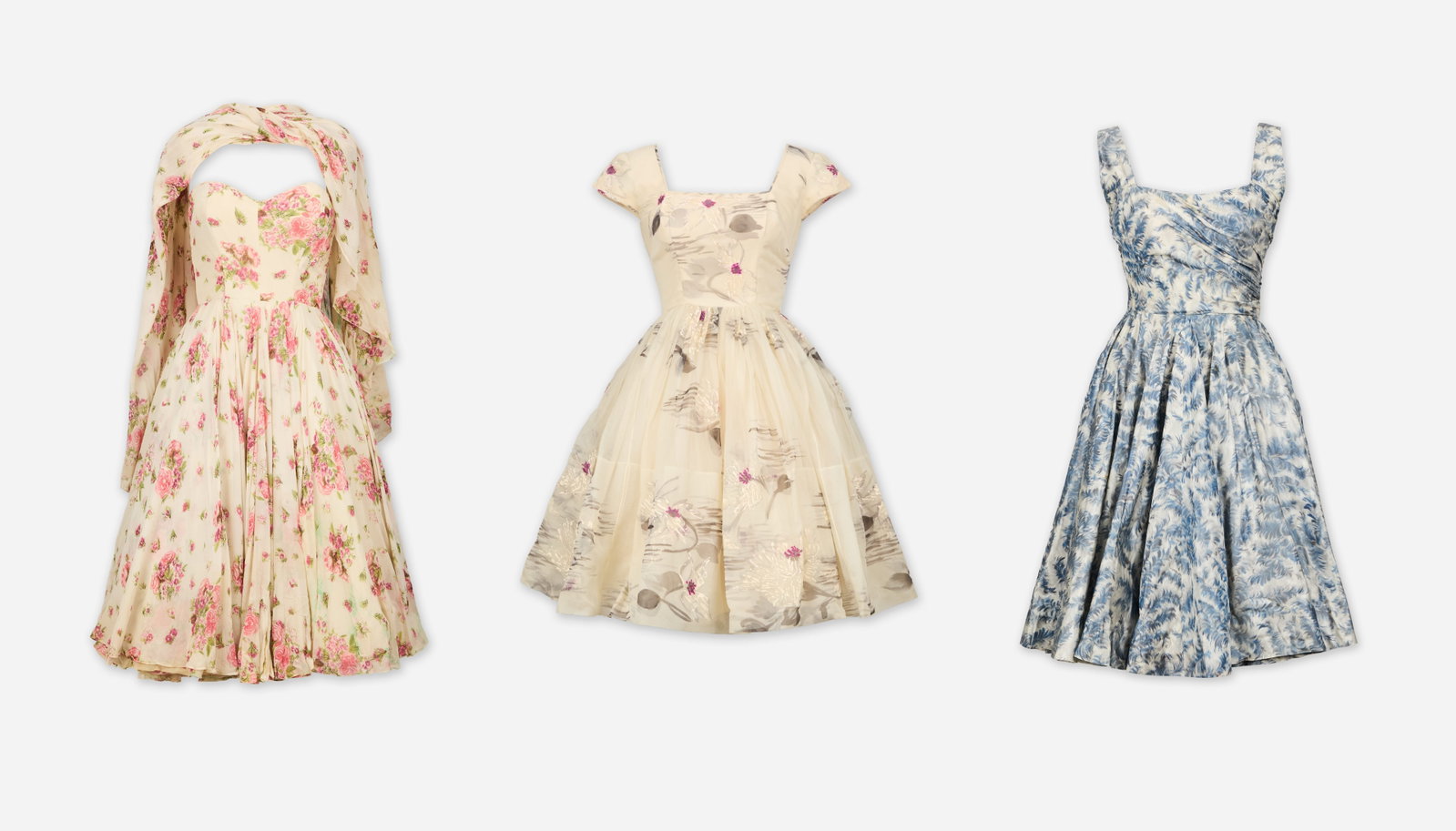 Don Loper | 1950s Three Floral Tea-Length Dress: A group of three Don Loper floral evening cocktail dresses circa 1950s, owned by Silvia Fine Kaye, an lyricist, composer, and producer, married to comedian Danny Kaye. Silvia's work was often
