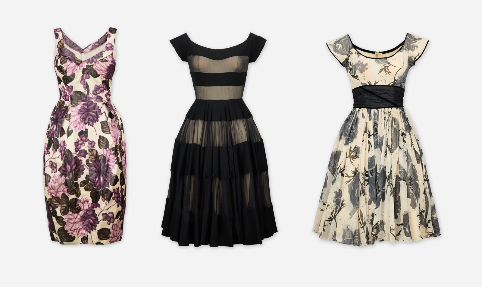 Don Loper | Three Evening Cocktail Dresses, Two Floral & One Black: A group of three Don Loper evening cocktail dress, two floral and one black, owned by Silvia Fine Kaye, an lyricist, composer, and producer, married to comedian Danny Kaye. Silvia's work was often