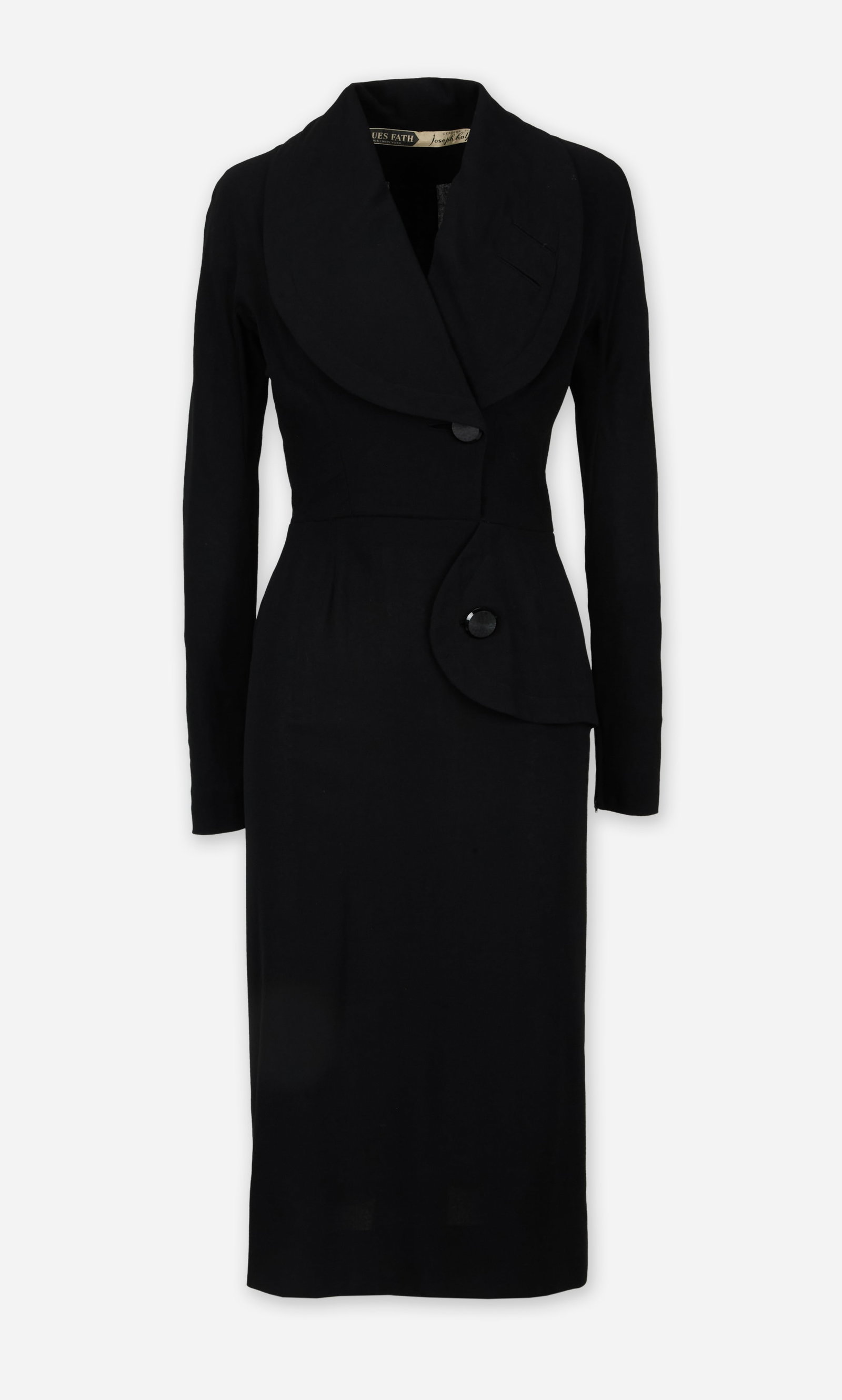 Jacques Fath | 1940s Wool Crepe Evening Dress: Jacques Fath designs for Joseph Halpert 1940's wool crepe evening dress from the collection of Cameron Silver. Black long-sleeve maxi dress featuring an oversized shawl collar, a deep V-neckline, and