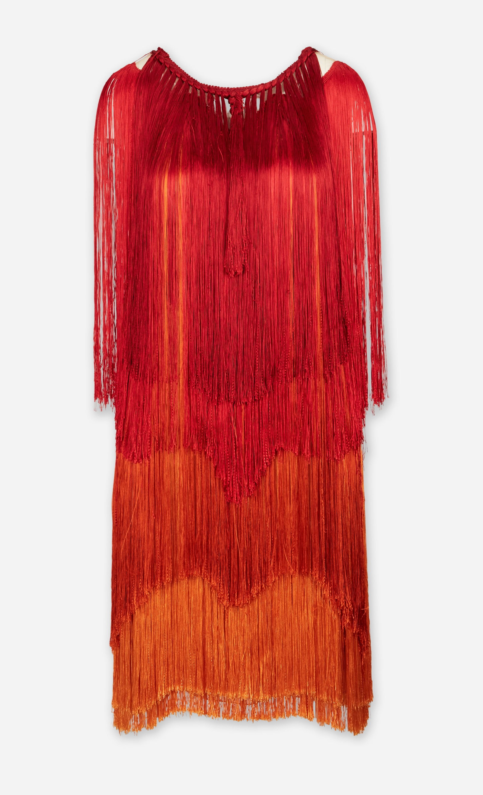 Alberta Ferretti | 2019 Resort Limited Edition Fringe Evening Dress: Alberta Ferretti ombre silk fringe evening dress designed for the limited edition resort 2019 collection. Ferretti's design is a bold flame red at the bodice which then changes to an amber and bright