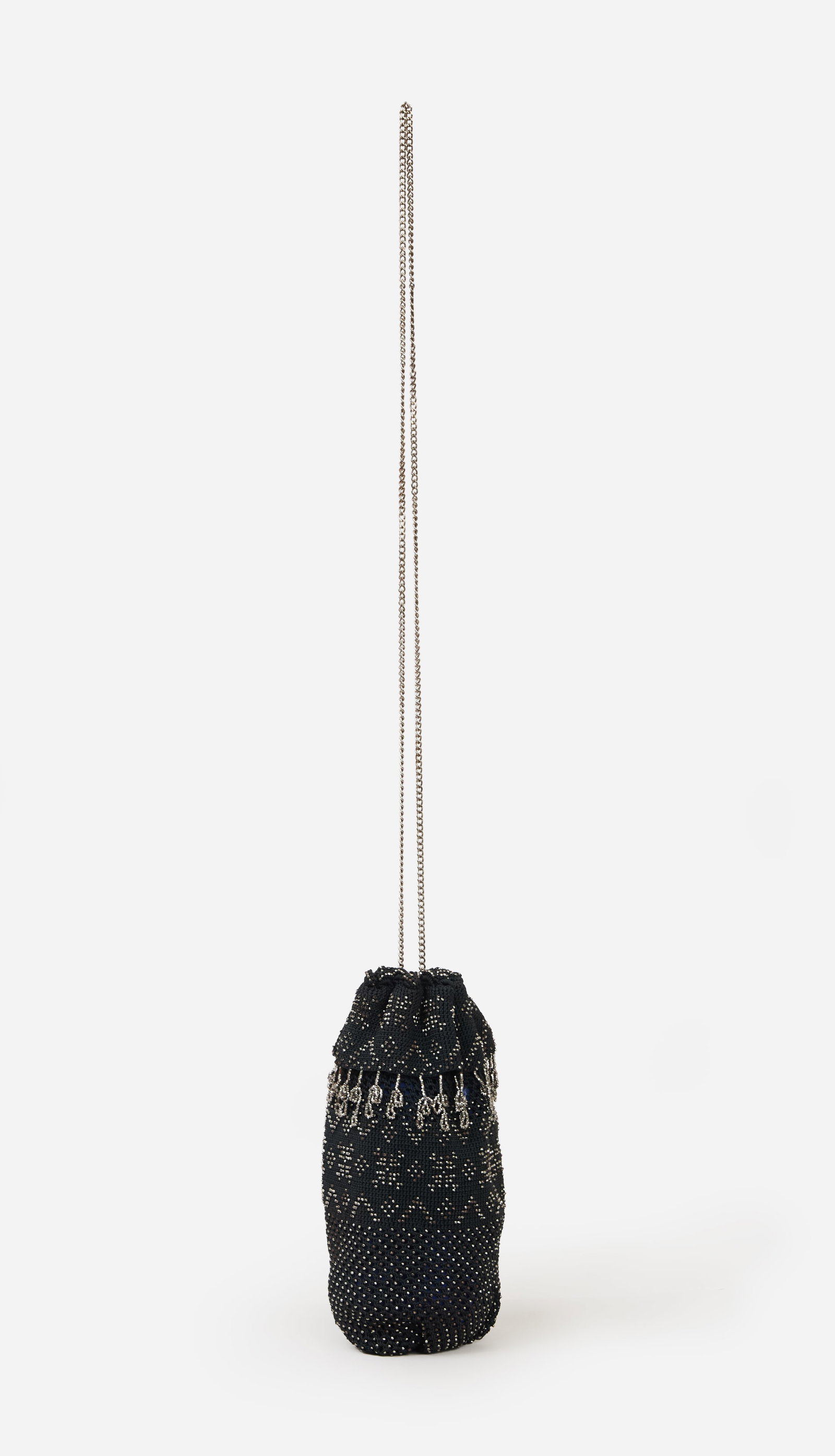 Flapper French Bag | 1920s Crochet Reticule Drawstring Beaded Handbag: Flapper French Crochet Reticule drawstring beaded handbag cera 1920's. The pouch is covered in all-over black bead embellishment and features a gathered drawstring closure with a long gunmetal-tone ch