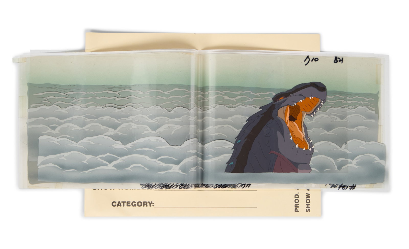 Godzilla: The Series | One Large Production Animation Cel: A large original animation cel from the production of Godzilla: The Series (Fox Kids, 1998-2000). The cel depicts Godzilla's head emerging from a large landscape of wave-filled water. These cels are
