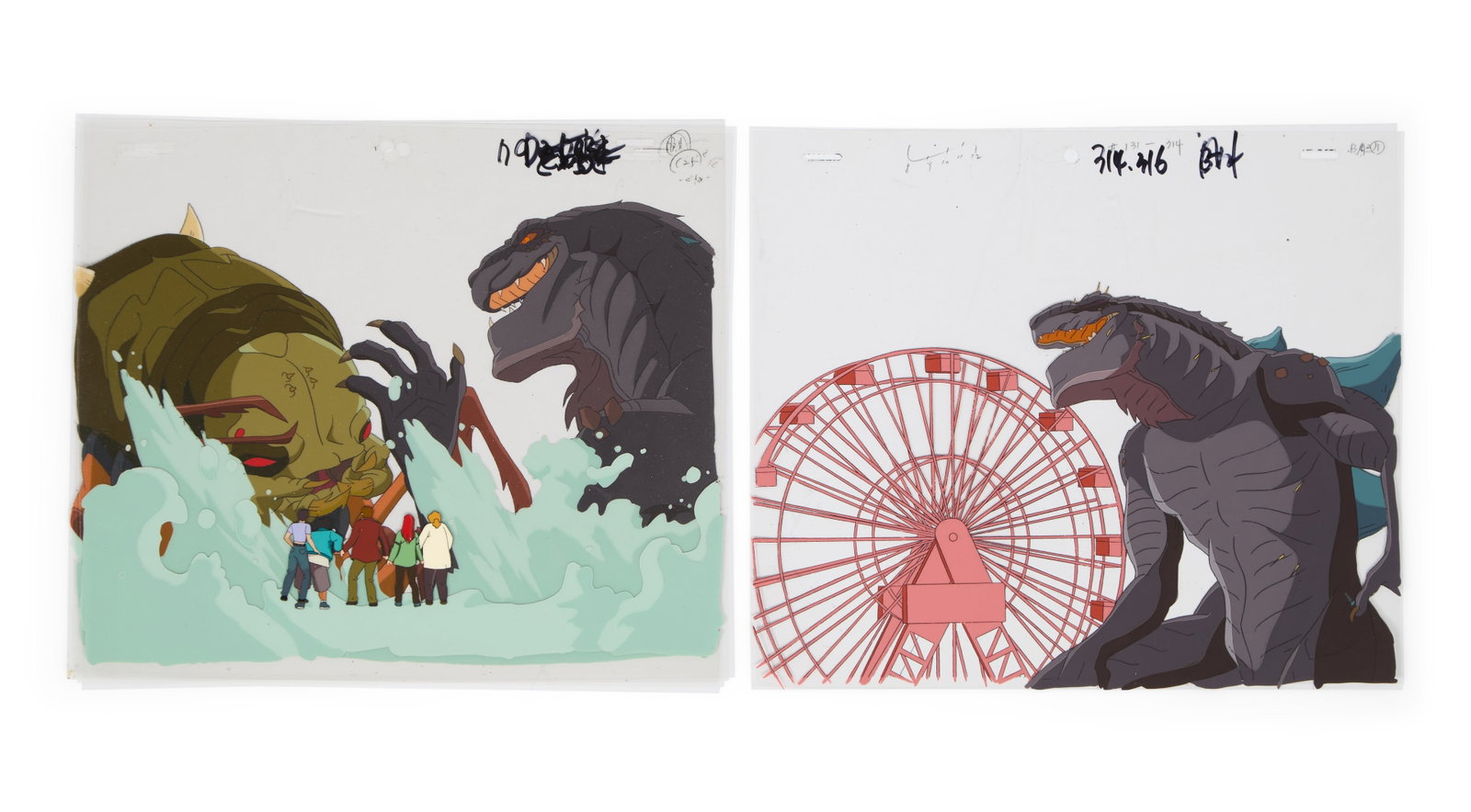 Godzilla: The Series | Two Production Animation Cels: A group of two original animation cels from the production of Godzilla: The Series (Fox Kids, 1998-2000). One cel depicts Godzilla fighting a kaiju creature in the water as the human members of