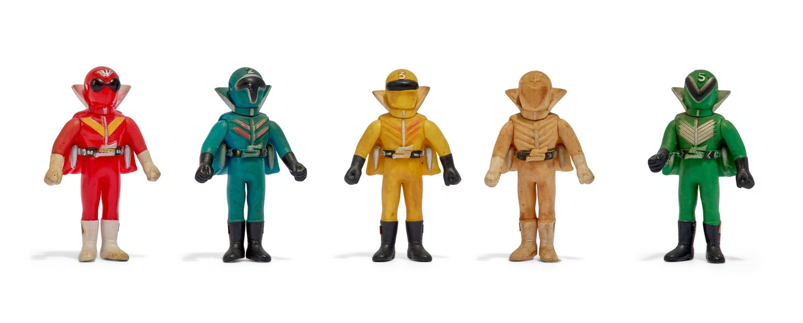 Sofubi | Vintage Popy ?Himitsu Sentai Gorenger" Figures (5): A collection of five vintage Popy sofubi figures of Himitsu Sentai Gorenger (NET, 1975 - 1977). Includes Akarenger, Aorenger, Kirenger, Momorenger, and Midorenger. From the Estate of Sompote Sands
