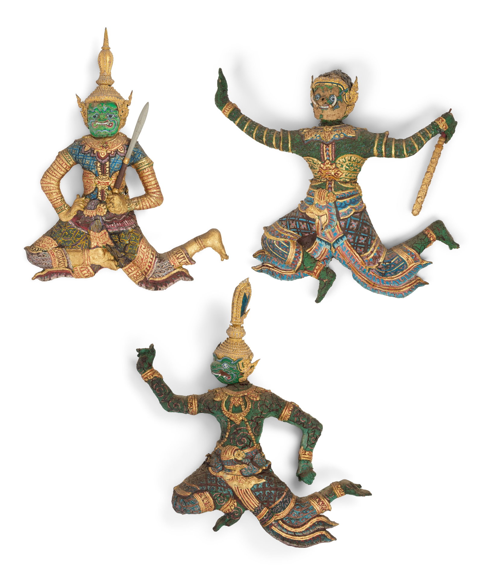 The Noble War | Deity Flying Miniatures (3): Three flying miniatures for Thai deities from the production of the film The Noble War (Chaiyo Productions Co., Ltd., 1984). Each miniature is comprised of a foam and plaster/papier mach?-type materia