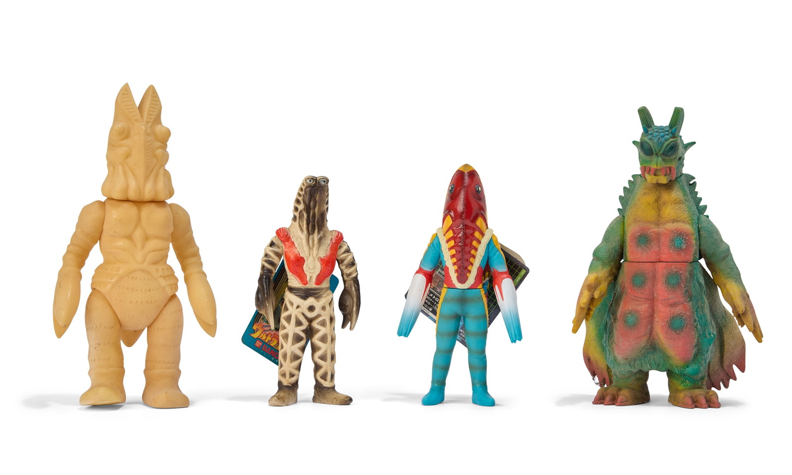 Sofubi | Vintage Kaiju Figures (4): A group of four vintage Kaiju figures, including Baltan (M1), Godola (Bandai), Metron (Bandai), and Doragory (Marusan). From the Estate of Sompote Sands