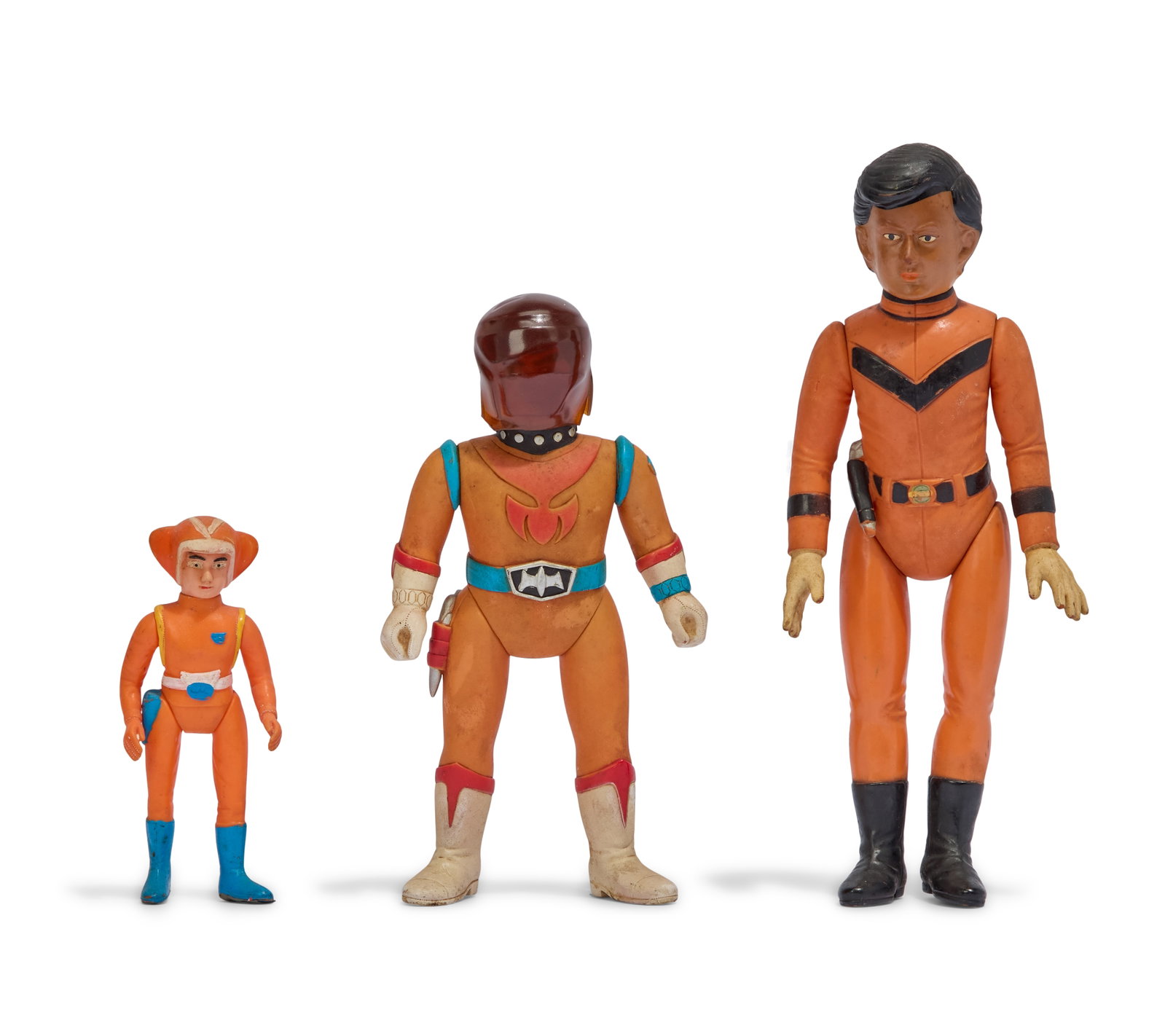 Sofubi | Vintage Heroes Figures (3): A collection of three vintage sofubi figures of various heroes. Includes a 1970s Triple Fighter SAT Member (Bullmark), a 1960s "Return of Ultraman" MAT Member (Bullmark), and a 1970s Zero Tester Shin