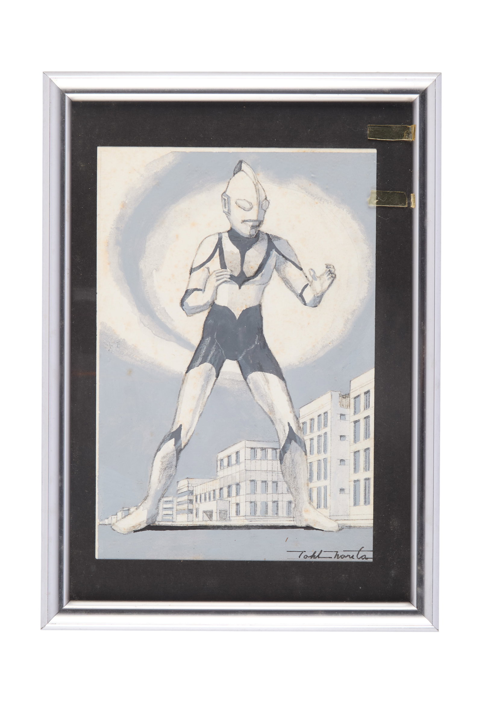 Tohl Narita | Original ?Ultraman" Concept Artwork: An original concept painting of Ultraman by Tohl Narita, the famed original character designer of Ultraman and many of the original kaiju monsters. The painting is realized in white and gray tones on