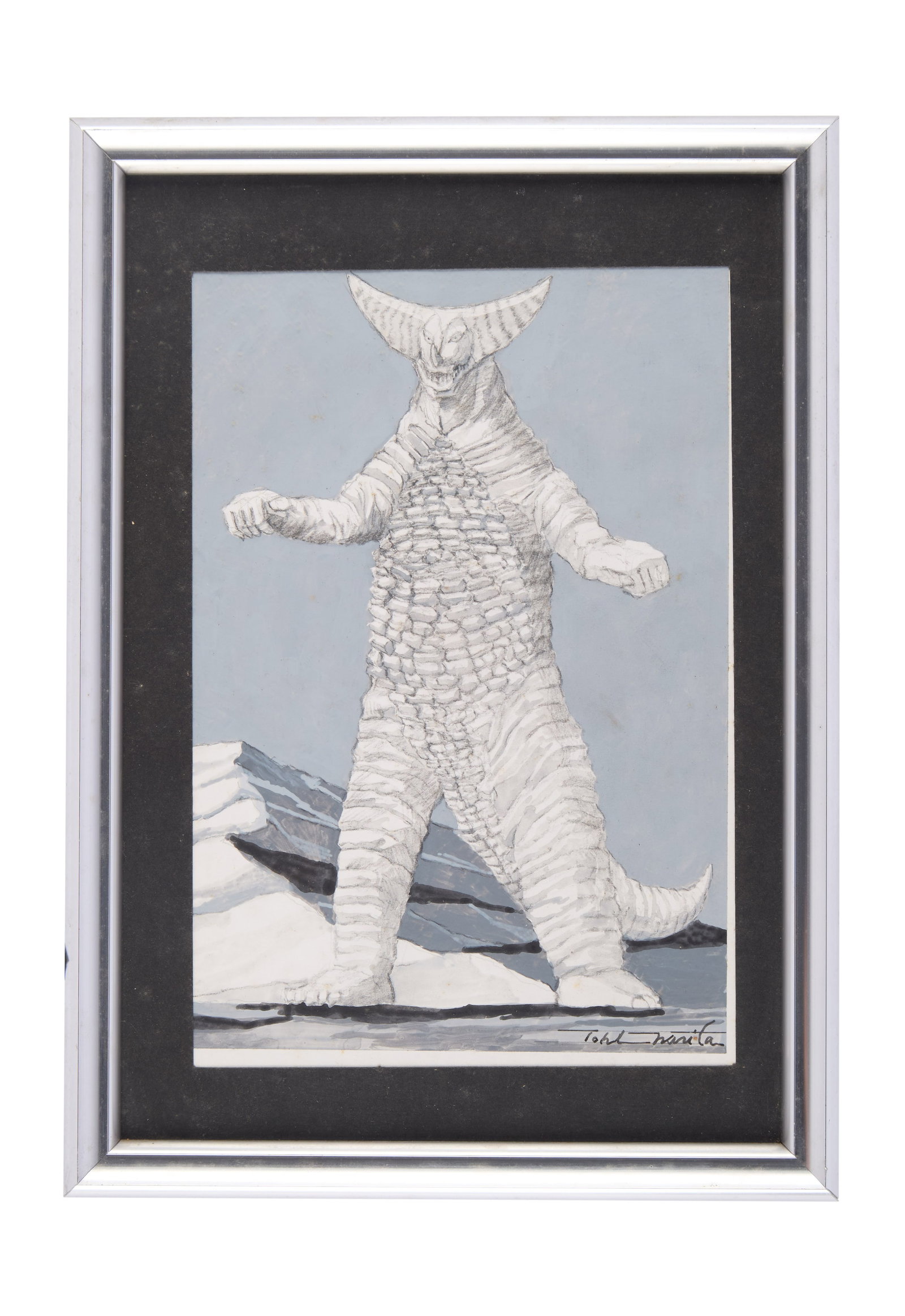 Tohl Narita | Original ?Gomora" Concept Artwork: An original concept painting of Gomora by Tohl Narita, the famed original character designer of Ultraman and many of the original kaiju monsters. The painting is realized in white and gray tones on a