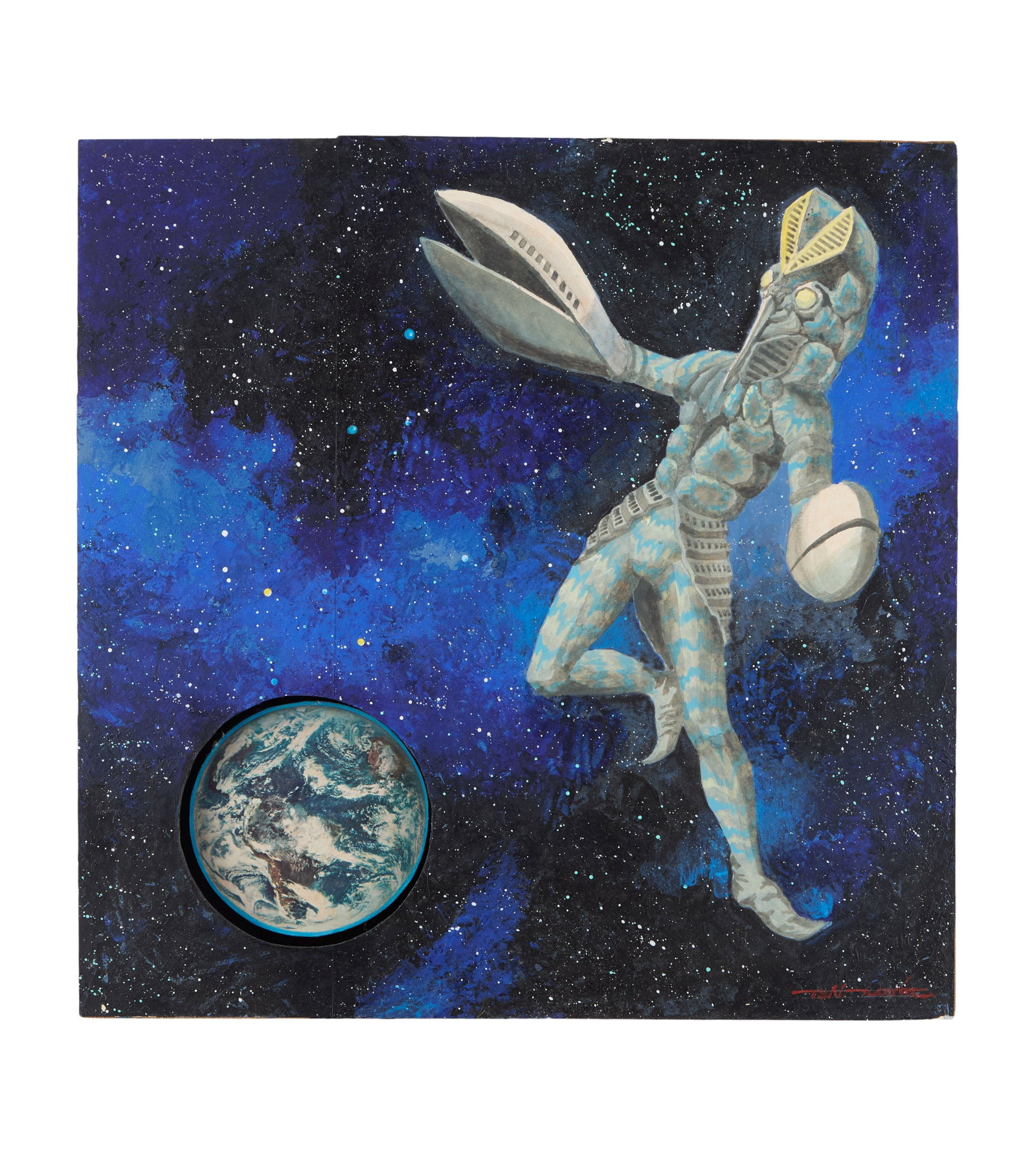 Tohl Narita | Original ?Alien Baltan" 3-D Painting: An original three-dimensional painting of Alien Baltan by Tohl Narita, the famed original character designer of Ultraman and many of the original kaiju monsters. The painting is a late-period work