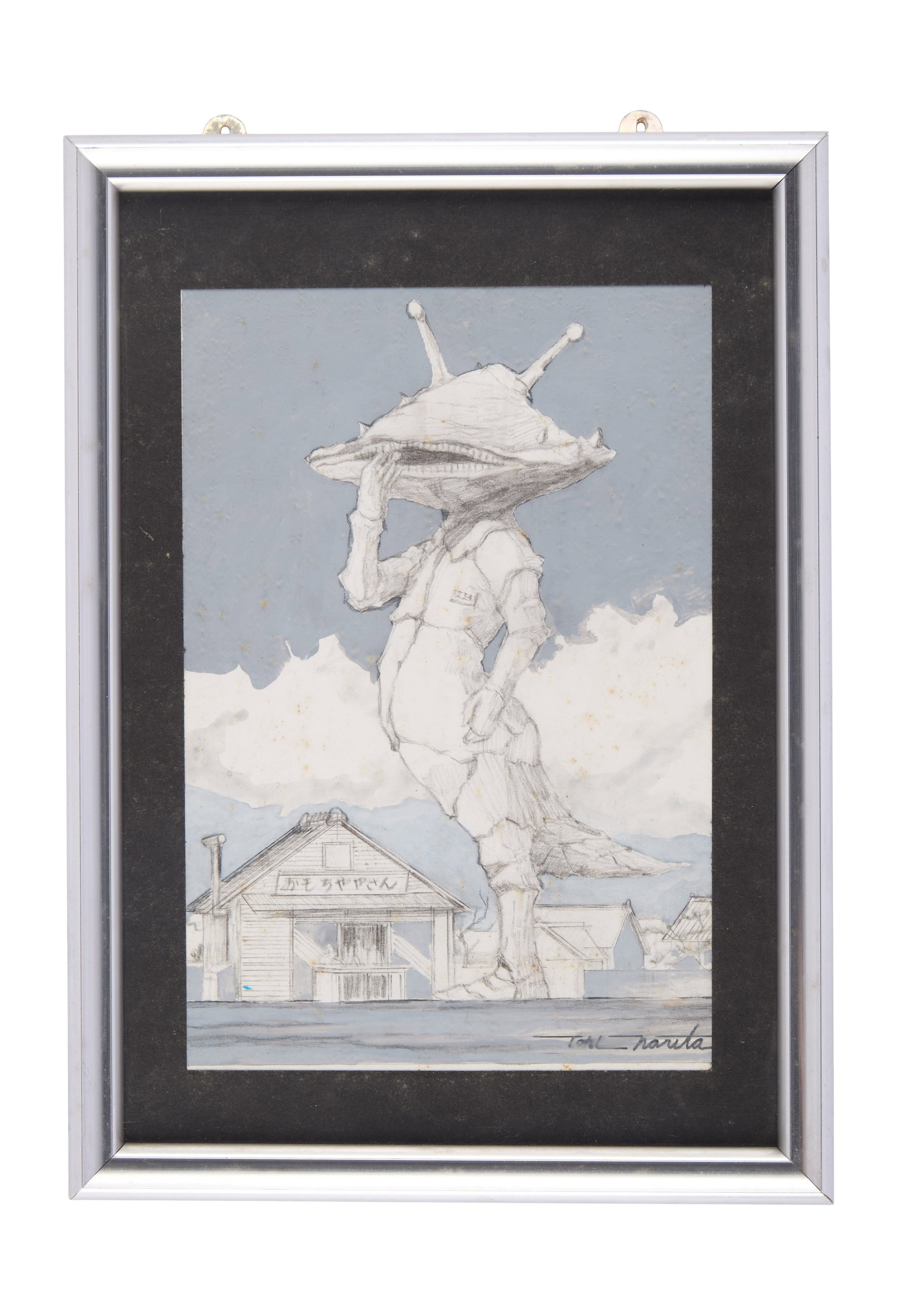 Tohl Narita | Original ?Kanegon" Concept Artwork: An original concept painting of Kanegon by Tohl Narita, the famed original character designer of Ultraman and many of the original kaiju monsters. The painting is realized in white and gray tones on