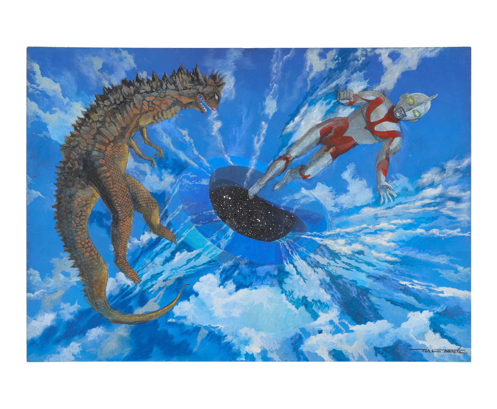 Tohl Narita | Original ?Ultraman vs. Bemular" Painting: An original painting of Ultraman fighting Bemular by Tohl Narita, the famed original character designer of Ultraman and many of the original kaiju monsters. The painting is a late-period work