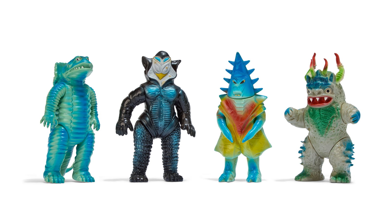 Sofubi | Vintage Bandai Kaiju Figures (4): A group of four vintage Bandai Bullmark Kaiju figures, including Sasahiller, Miclas, Mefilas, and Kemular. From the Estate of Sompote Sands