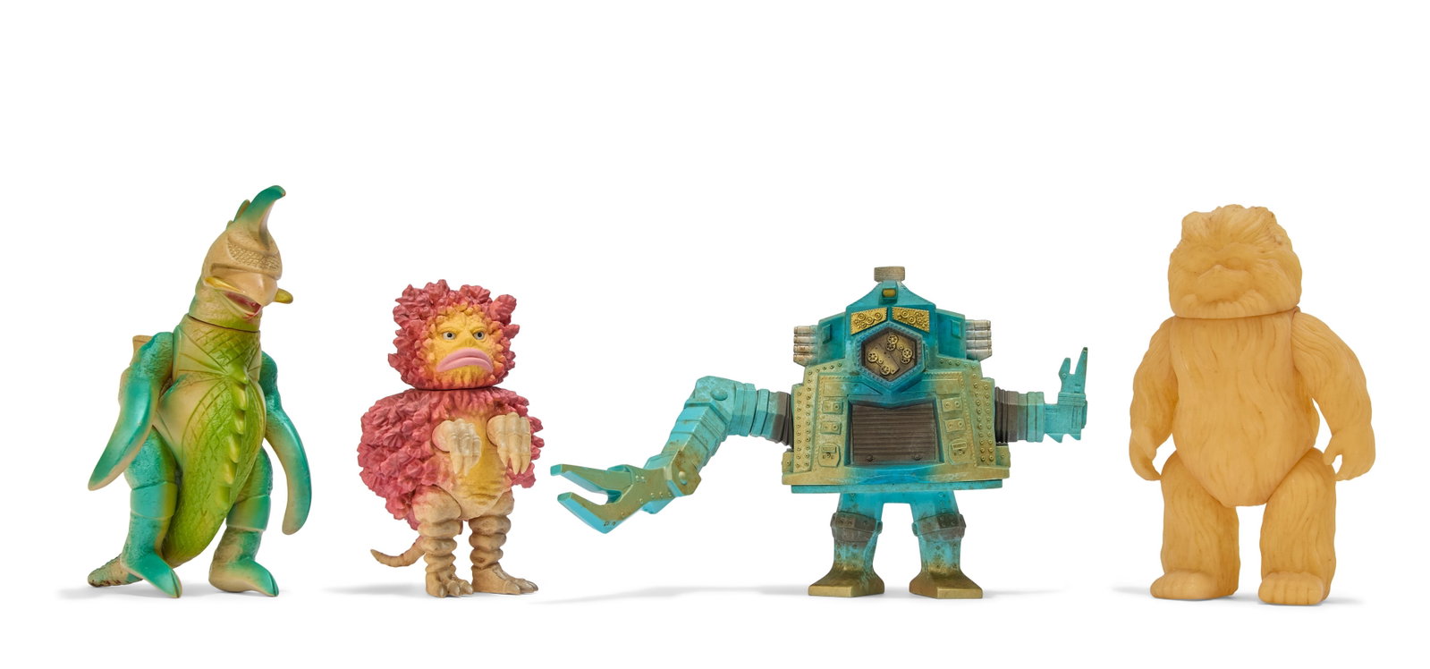 Sofubi | Vintage Kaiju Figures (4): A group of four vintage Kaiju figures, including Woo (M1), Gigan from the Godzilla franchise (Bandai Bullmark), Garamon (Marmit), and Crazygon (Marusan). From the Estate of Sompote Sands