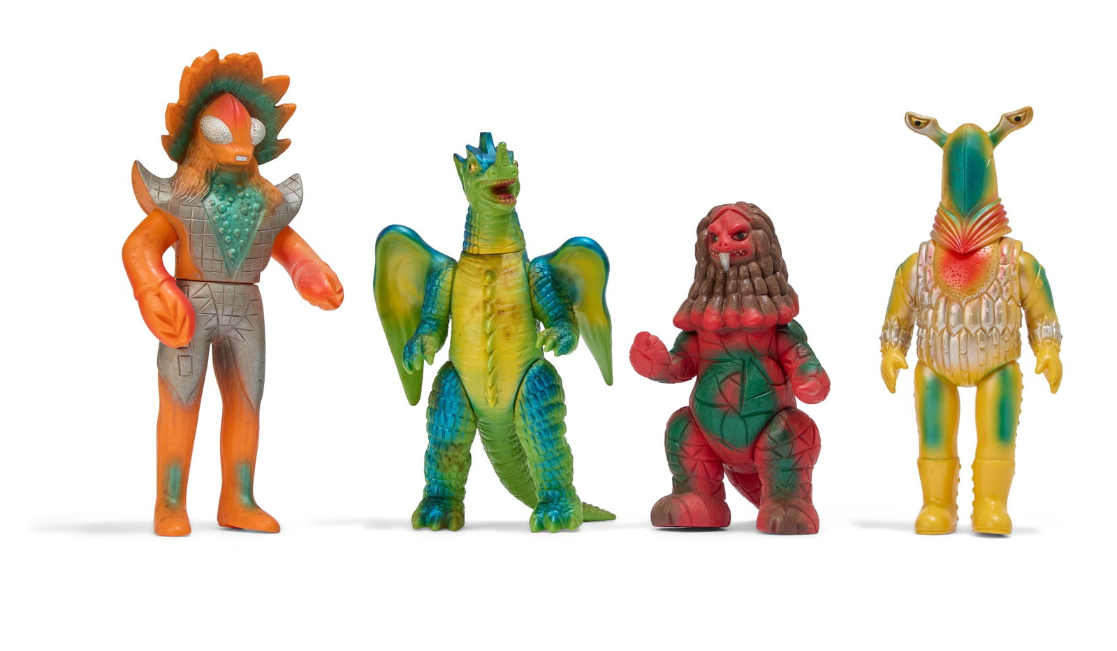 Sofubi | Vintage Bandai Kaiju Figures (4): A group of four vintage Bandai Bullmark Kaiju figures, including Giron, Alien Pegassa, Chameleking, and Dangar. From the Estate of Sompote Sands