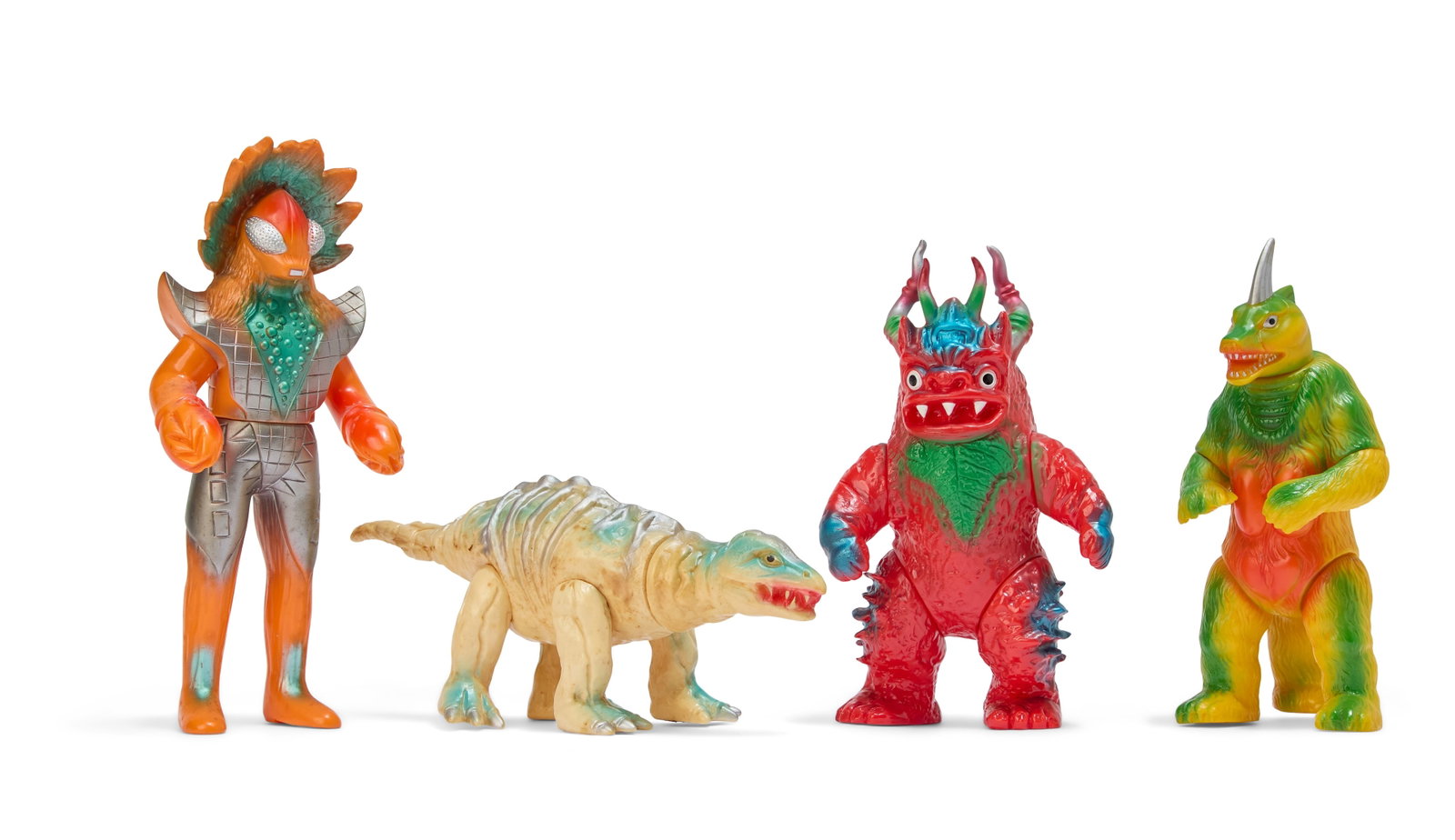 Sofubi | Vintage Bandai Kaiju Figures (4): A group of four vintage Bandai Bullmark Kaiju figures, including Miclas, Guironian, Stegon, and Snowgon. From the Estate of Sompote Sands
