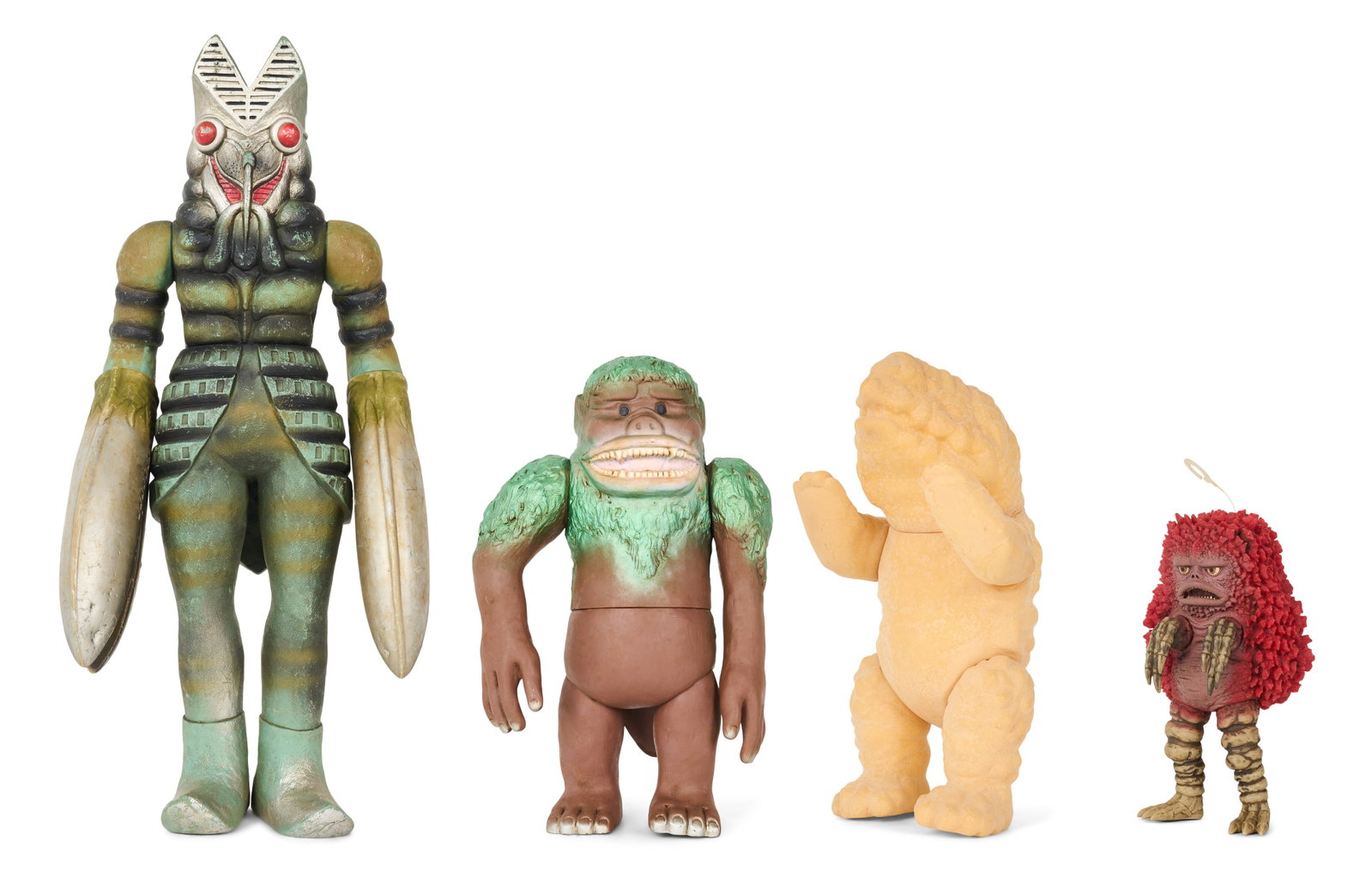 Sofubi | Vintage Kaiju Figures (4): A group of four vintage Kaiju figures, including Baltan (Bandai), Goro (Marmit), Pigmon (Bandai), and Gorgos (M1). From the Estate of Sompote Sands