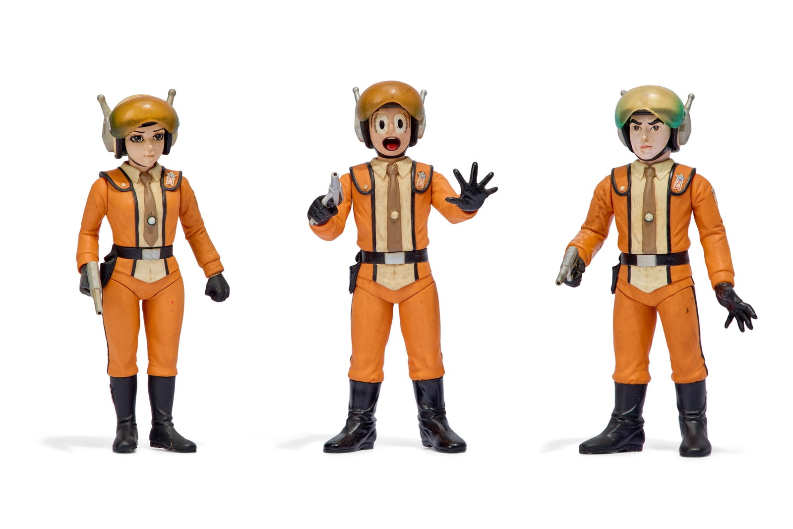 Sofubi | Science Special Search Party Figures (3): A collection of three vintage Science Special Search Party (SSSP) figures from the original Ultraman. Includes an Art Storm/Fewture Akiko Fuji figure, an Art Storm/Fewture Mitsuhiro Ide figure, and