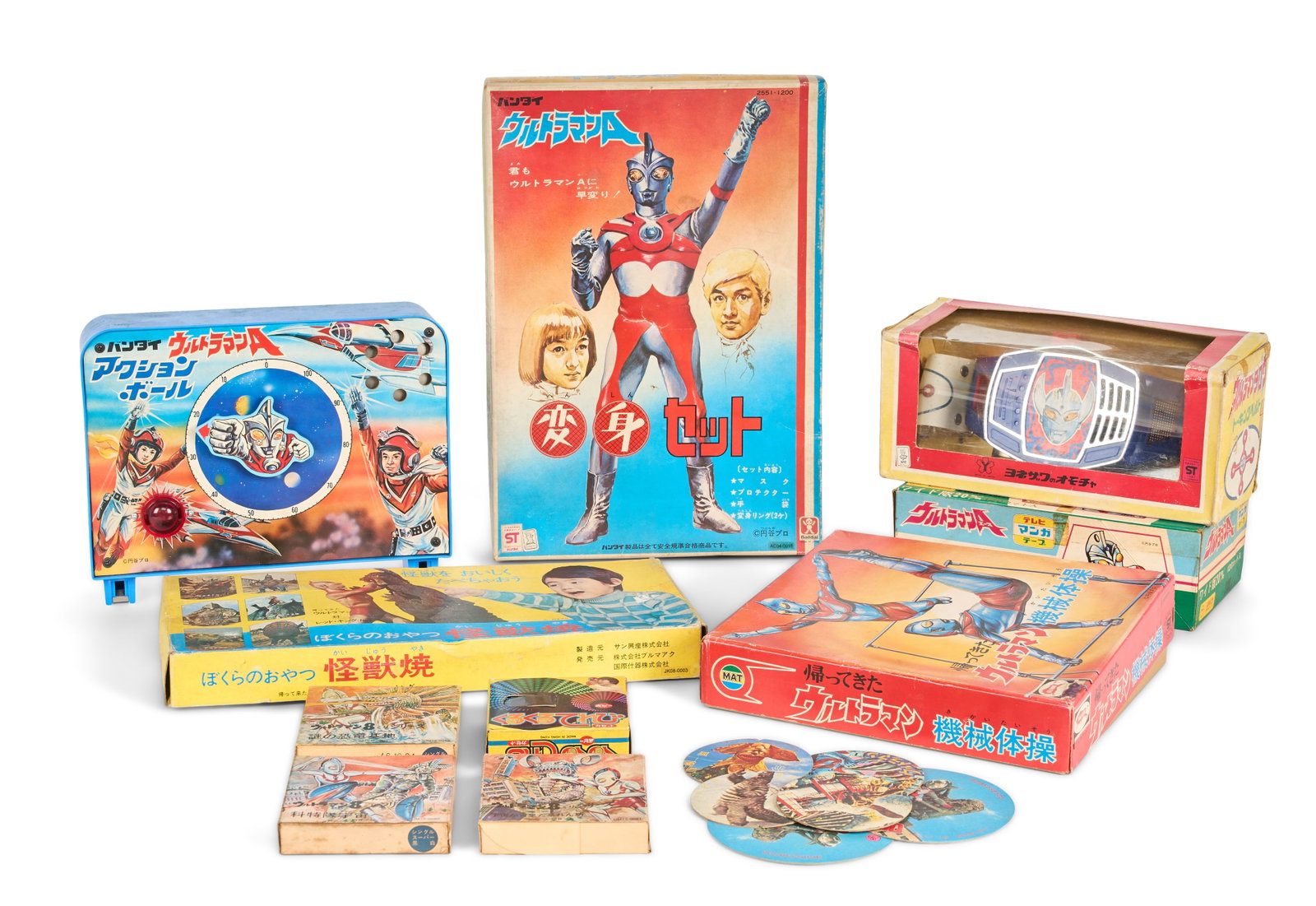 Ultraman | Vintage Novelty Toys (16): A collection of sixteen vintage novelty toys relating to properties in the Ultraman franchise. Includes: - 1970s Yonezawa Ultraman Taro Transformation Belt, Boxed - 1970s Bandai Ultraman Ace