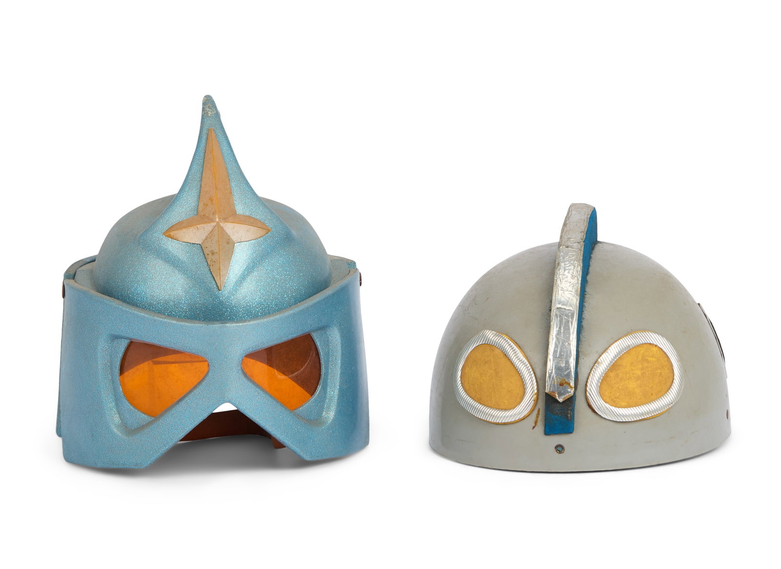 Ultraman | Vintage Ultraman and Mirrorman Toy Helmets (2): Vintage toy helmets of Ultraman and Mirrorman. The Ultraman helmet contains an "Ultra Q" Tsuburaya sticker on the proper right side. Handwriting is present on the inside in black marker in Japanese,