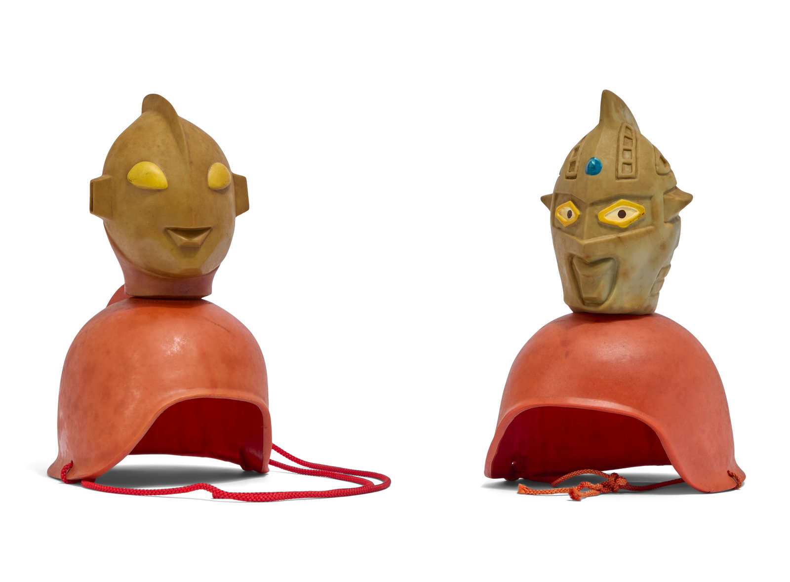Ultraman | Vintage Toy Helmets (3): A collection of three vintage Ultraman toy helmets. Includes Ultraseven, Ultraman, and an additional Ultraman with original packaging elements. All made of soft vinyl and all feature logo stamps of