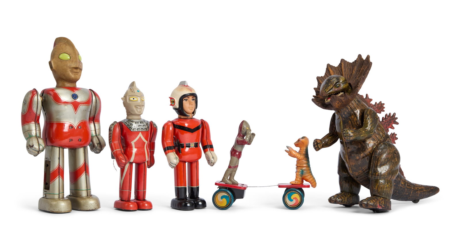 Ultraman | Vintage Bullmark Tin Toys (5): A collection of five vintage Bullmark tin toys of characters from various productions of the Ultraman franchise. Includes a walking Ultraman Jack tin toy, a walking Ultraseven tin toy, a "Return of Ul