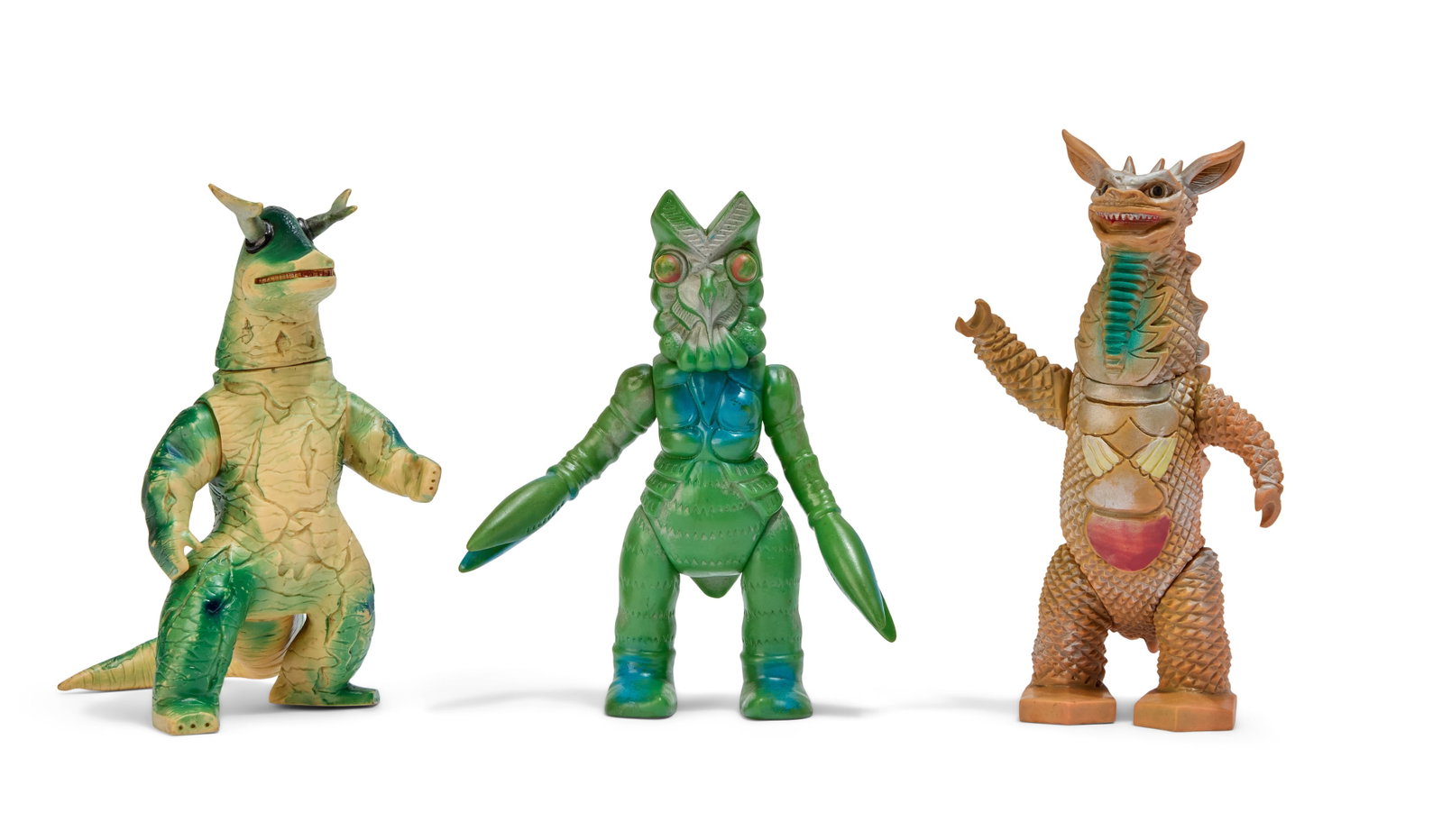Sofubi | Vintage Kaiju Figures (3): A group of three vintage Kaiju figures, including Eleking (Marusan), Alien Baltan (Marusan), and Gango (Bullmark). From the Estate of Sompote Sands