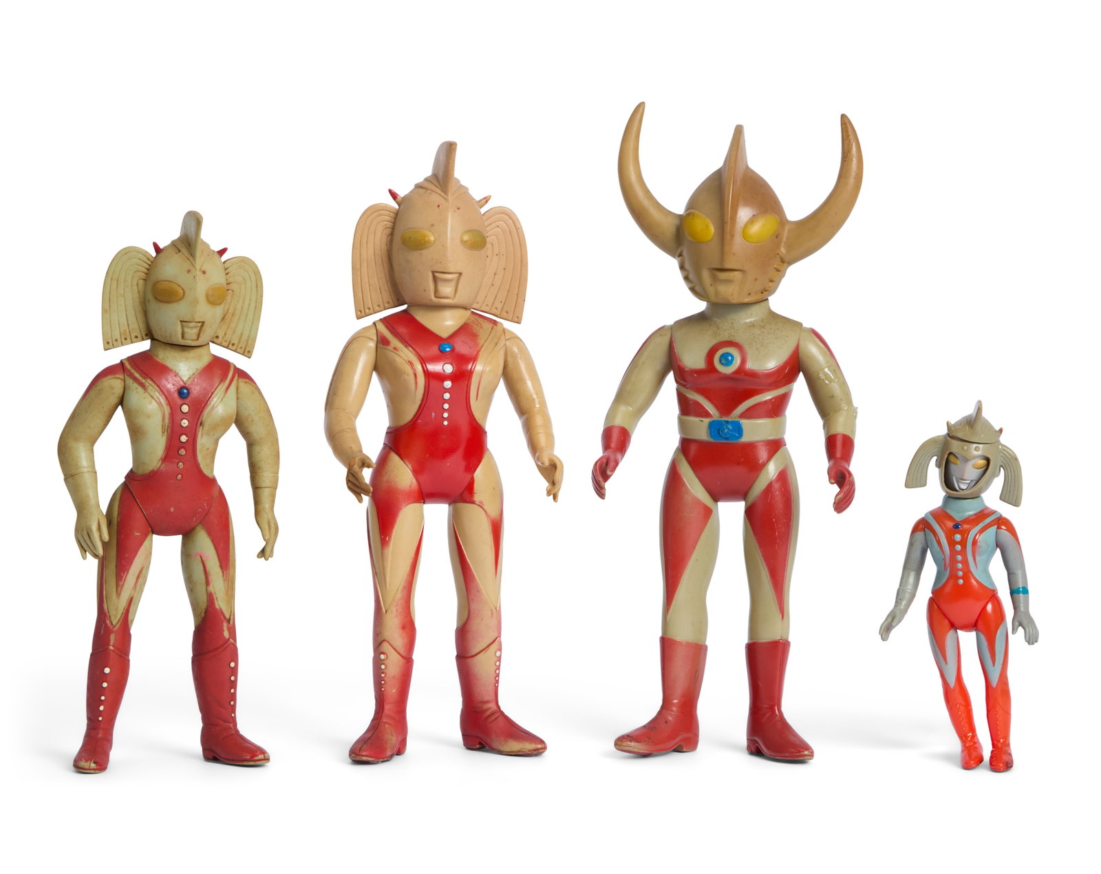Sofubi | Vintage Mother and Father of Ultra Figures (4): A collection of four vintage sofubi figures of the Mother of Ultra and the Father of Ultra. Includes a Bullmark Father of Ultra figure with removable helmet, a Mother of Ultra figure with removable