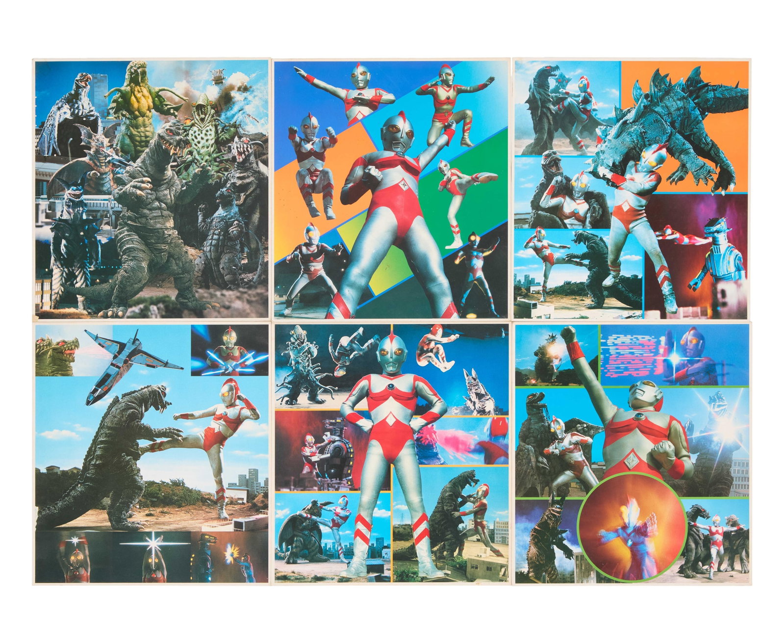 Ultraman 80 | Numbered Cards (6): A group of six large vintage cards on heavy paper, each featuring color photos on one side from the television series Ultraman 80 (JNN, 1980-1981), and a numbered grid on the other side. Each card