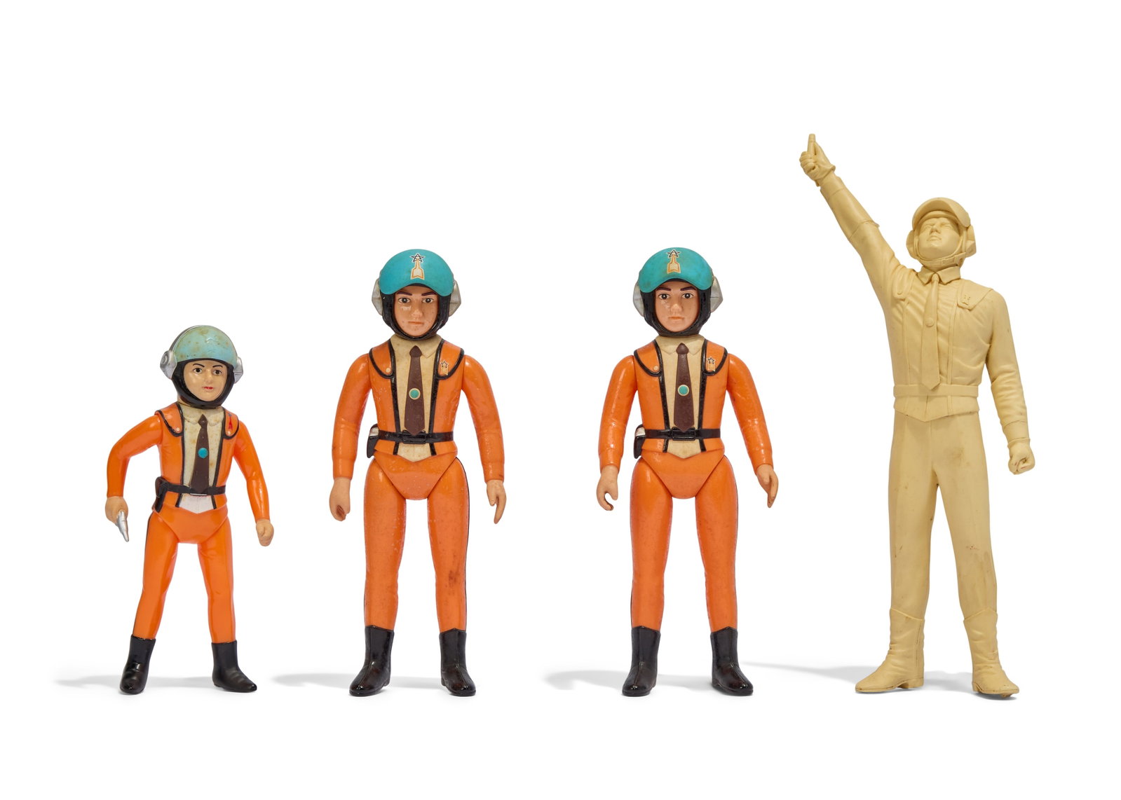 Sofubi | Vintage Shin Hayata Figures (4): A collection of four vintage Shin Hayata figures. Includes two M1 sofubi figures, a Bullmark sofubi figure, and an unpainted Volks 1/6 model of Shin Hayata in his transformation pose holding the Beta