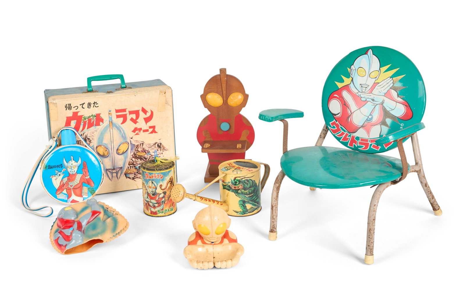 Ultraman | Vintage Lifestyle Toys (15): A collection of fifteen vintage lifestyle toys relating to various characters and properties from the Ultraman franchise. Includes: - A Children's Size Green Ultraman Chair with Metal Framework - Plea