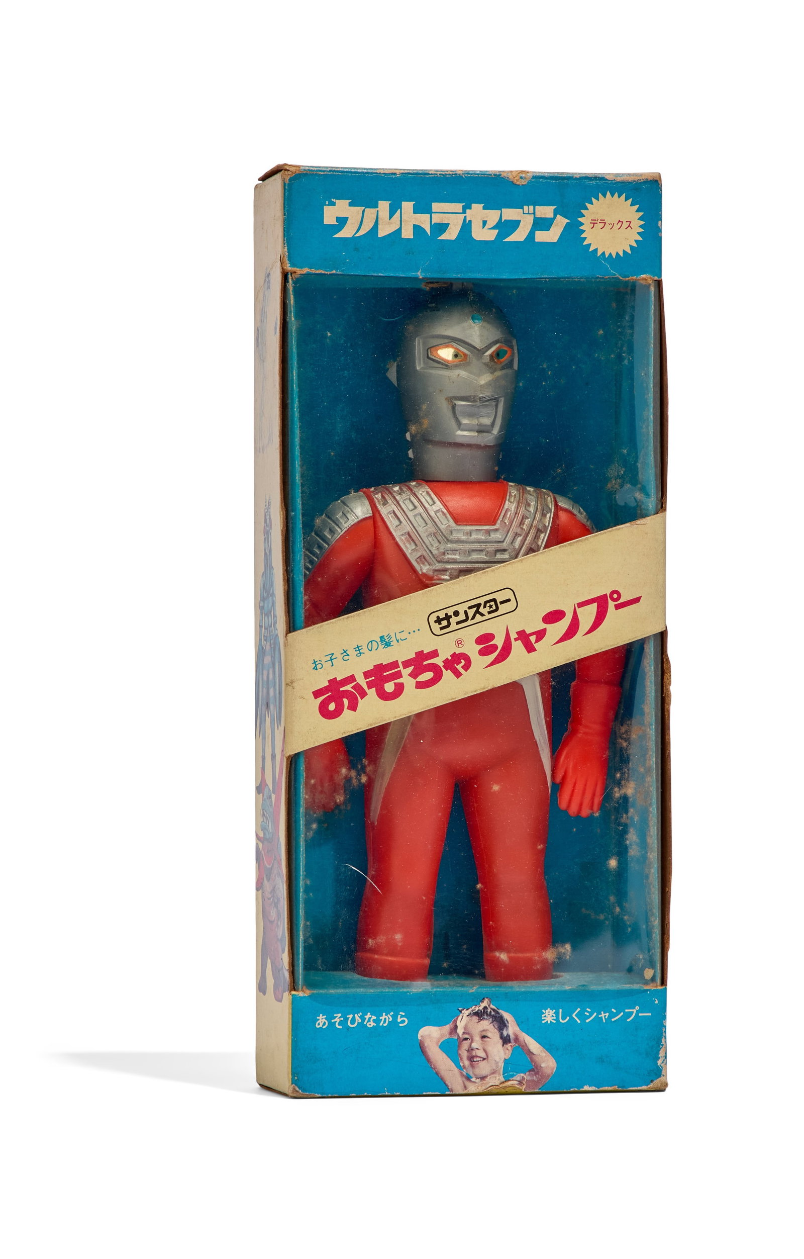 Ultraseven | Vintage Toy Shampoo Bottle with Original Packaging: A vintage Ultraseven toy shampoo bottle by Sunstar circa 1960s, with original box packaging. From the Estate of Sompote Sands