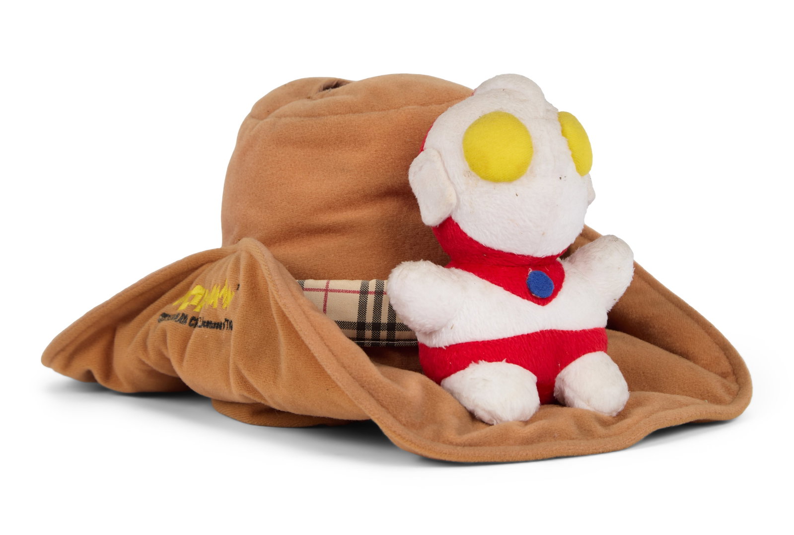 Ultraman | Plush Cowboy Hat: A child-size plush cowboy hat with a small plush of Ultraman at the front and the character's name embroidered on the side. A slit is present at the top of the hat as an opening for a hole that goes