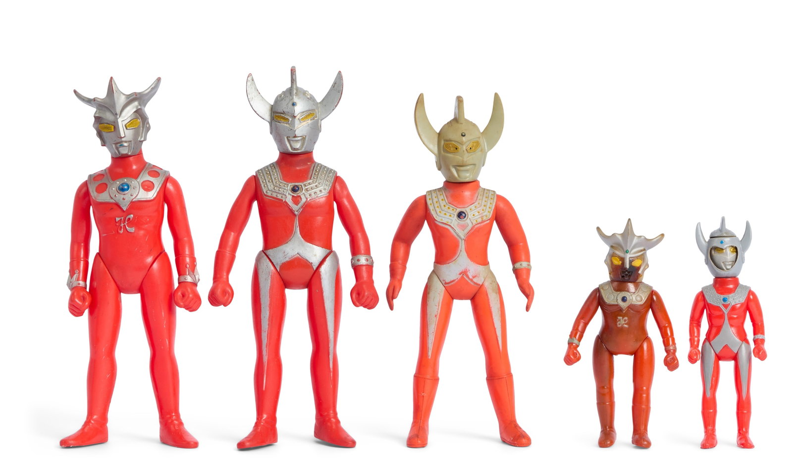 Sofubi | Vintage Ultraman Leo and Ultraman Taro Figures (5): A collection of five vintage sofubi figures of Ultraman Leo and Ultraman Taro. Includes a Popy Ultraman Taro figure, a Popy Ultraman Leo figure, a Bullmark Ultraman Taro figure, a Bullmark Ultraman
