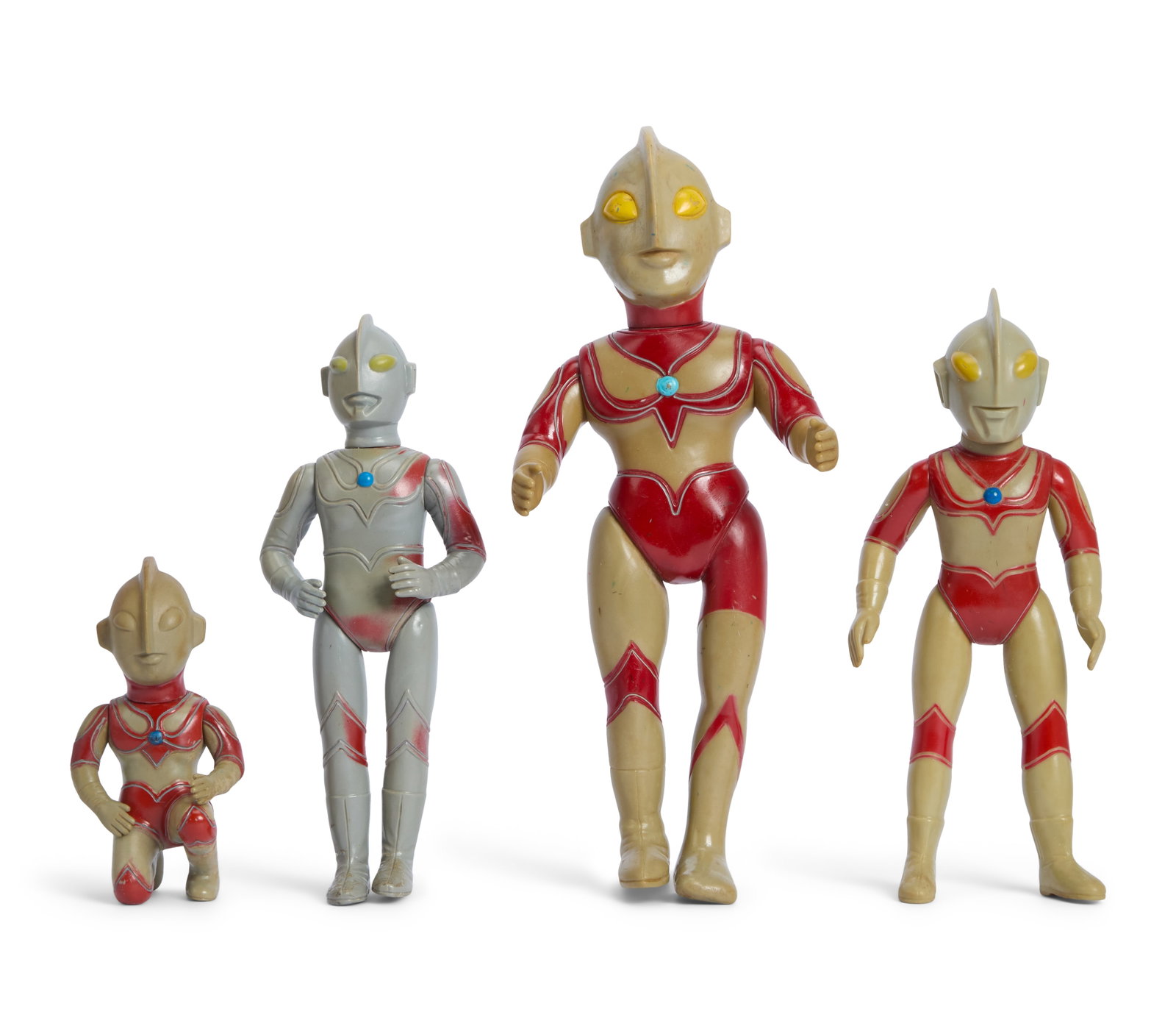 Sofubi | Vintage Ultraman Jack Figures (4): A collection of four vintage sofubi figures of Ultraman Jack. Includes a large Bullmark figure (please note: the proper left leg is a vintage replacement from another Ultraman figure), a Bullmark