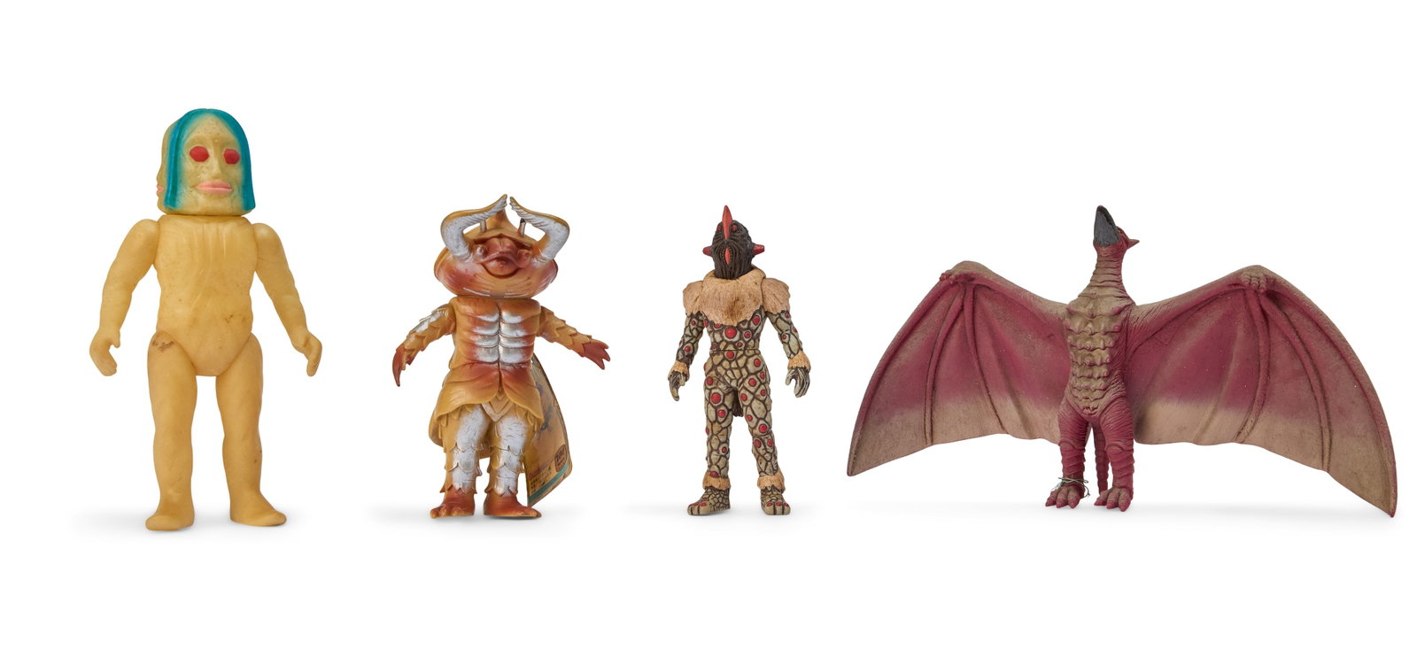 Sofubi | Vintage Kaiju Figures (4): A group of four vintage Kaiju figures, including Dada (M1), Antlar (Bandai), Alien Nackle (Bandai), and Fire Rodan from the Godzilla franchise (Bandai). From the Estate of Sompote Sands