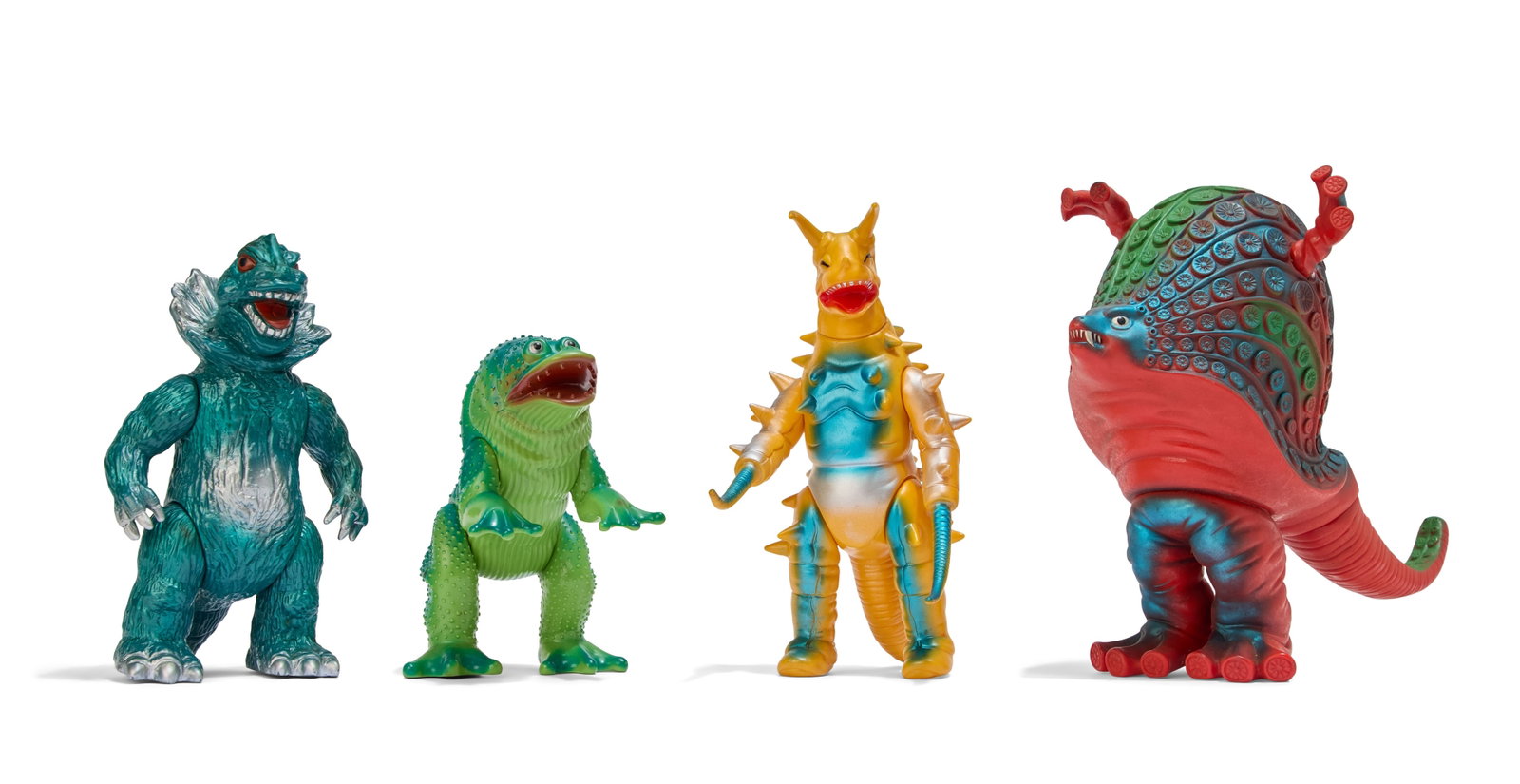 Sofubi | Vintage Bandai Kaiju Figures (4): A group of four vintage Bandai Bullmark Kaiju figures, including Gudon, Jirhas, Gamakugira, and Takkong. From the Estate of Sompote Sands